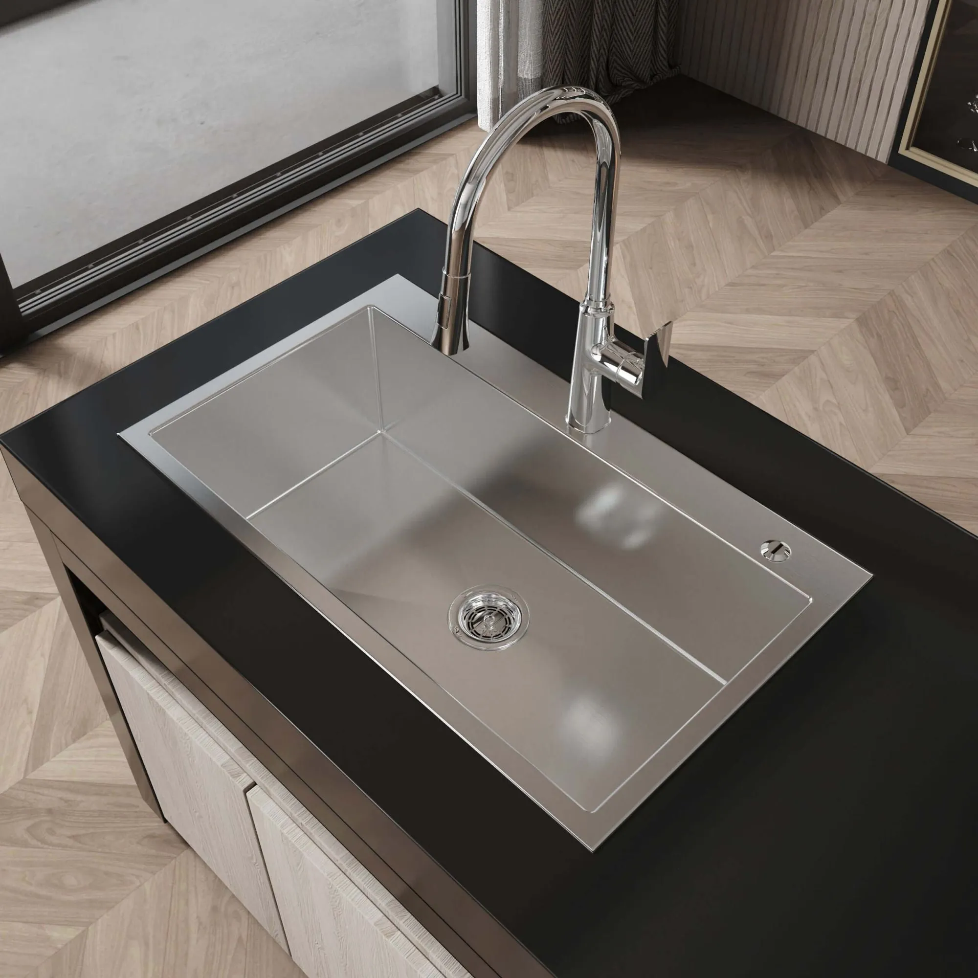 32-inch Top Mount Kitchen Sink Handmade Drop-in Stainless Steel Single Bowl Kitchen Sink in Brushed Finish