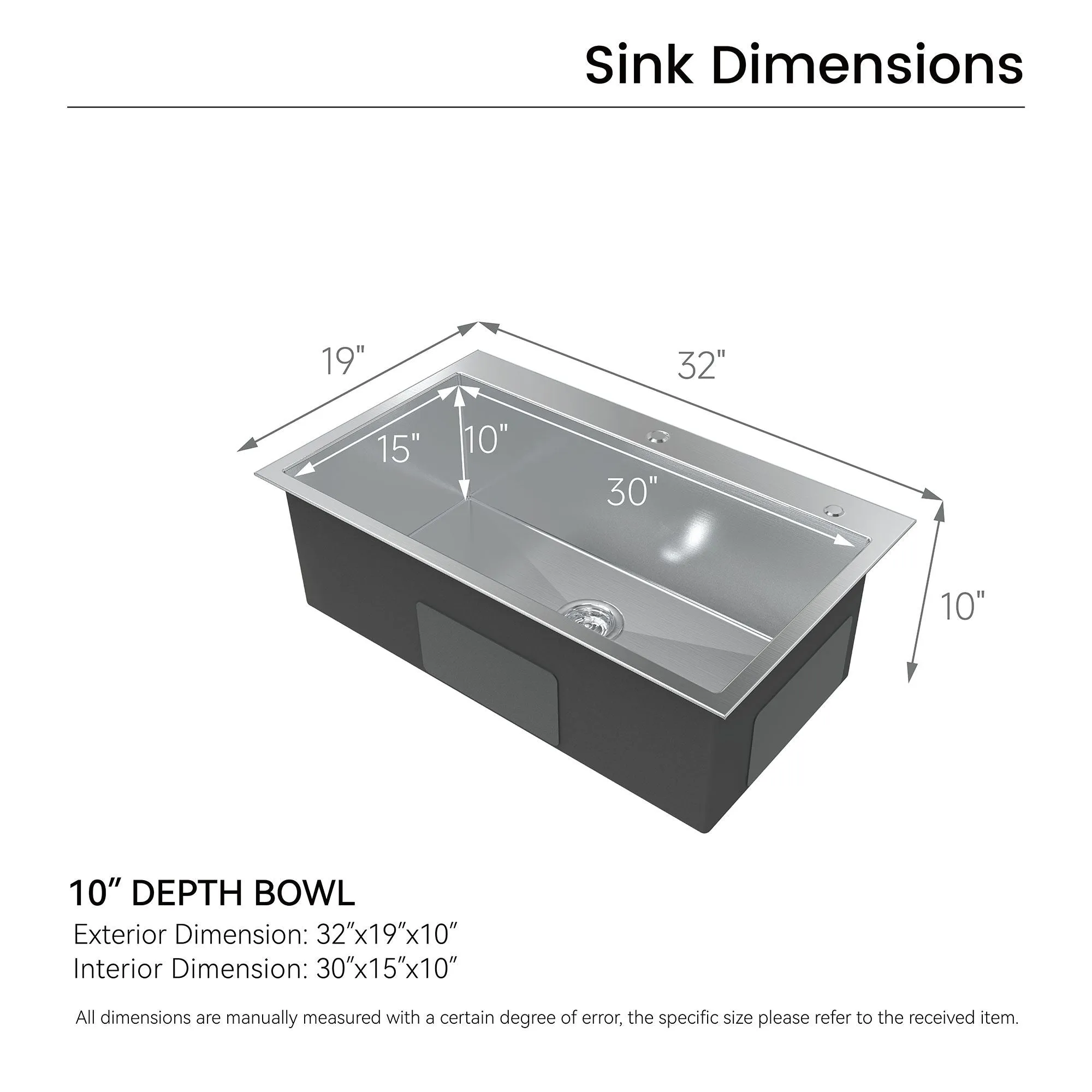 32-inch Top Mount Kitchen Sink Handmade Drop-in Stainless Steel Single Bowl Kitchen Sink in Brushed Finish