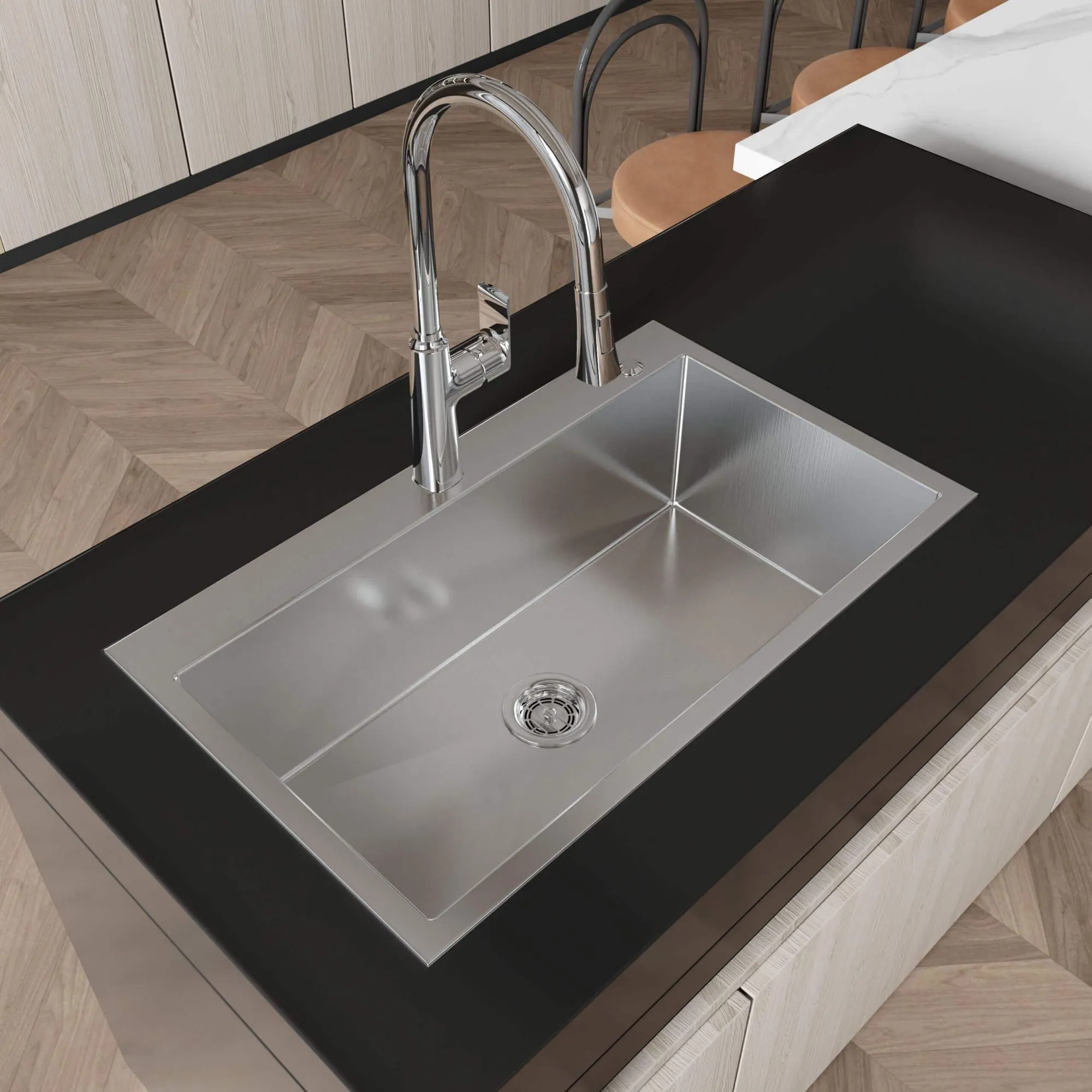 32-inch Top Mount Kitchen Sink Handmade Drop-in Stainless Steel Single Bowl Kitchen Sink in Brushed Finish