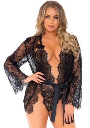 3pc Lace Teddy and Robe Set - Black - Small