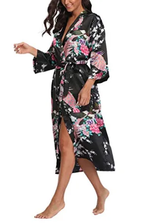 ABC-STAR Women's Floral Kimono Robe Silky Wedding Bride Bridesmaids Soft Sleepwear, Black