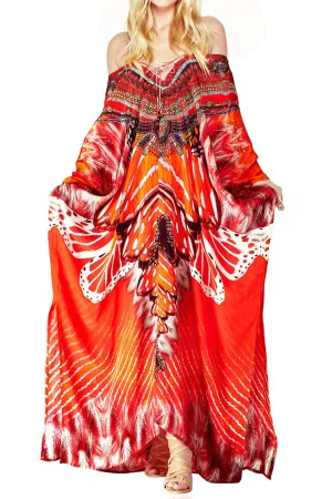 As seen On Kyle Richards Lace Up Caftan Dress In Red Butterfly Print