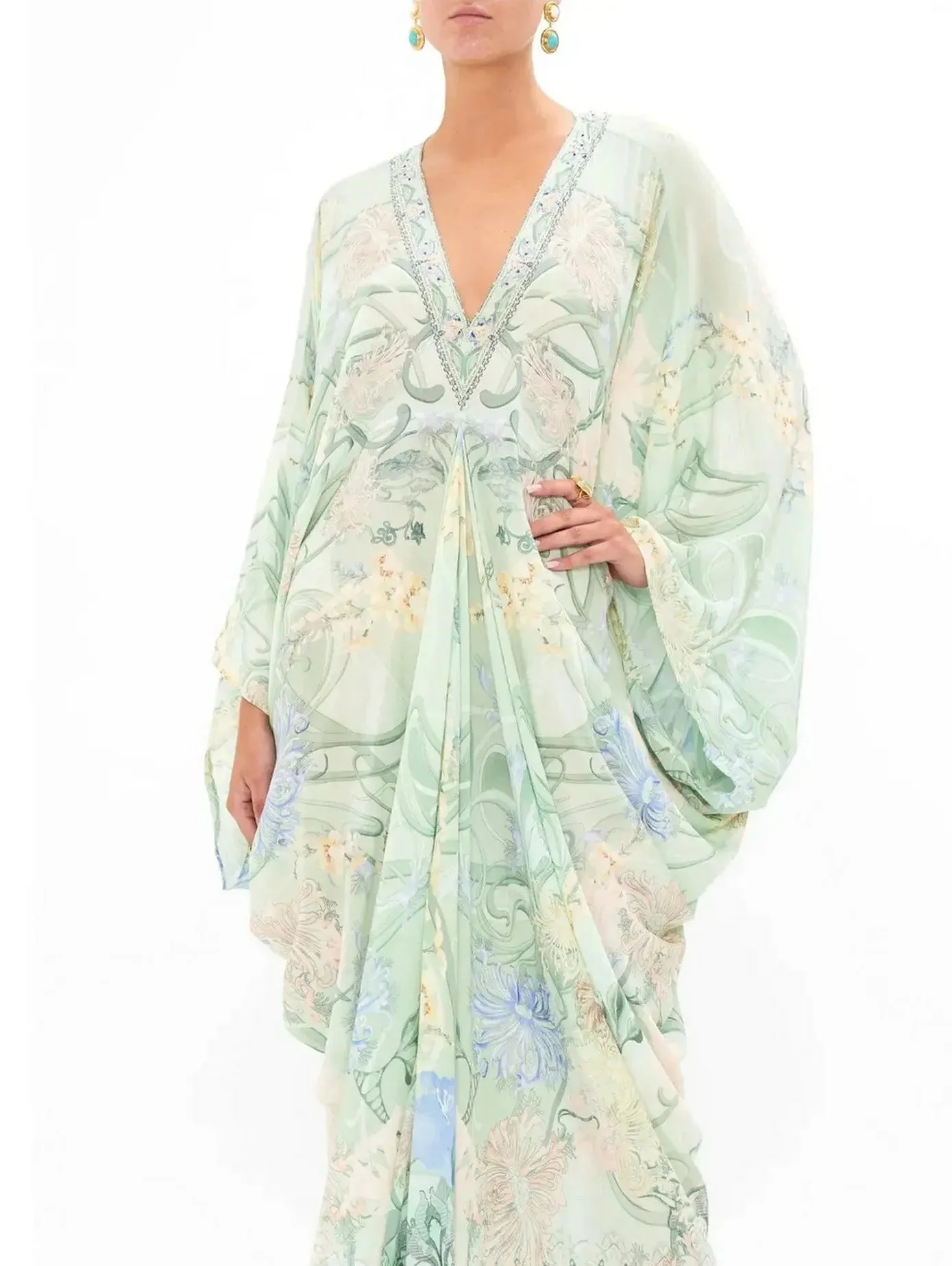 Batwing-Sleeve Draped Print V-Neck Silk Kaftan in Mint