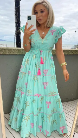 BERMUDA PALM TREE DRESS - TURQUOISE