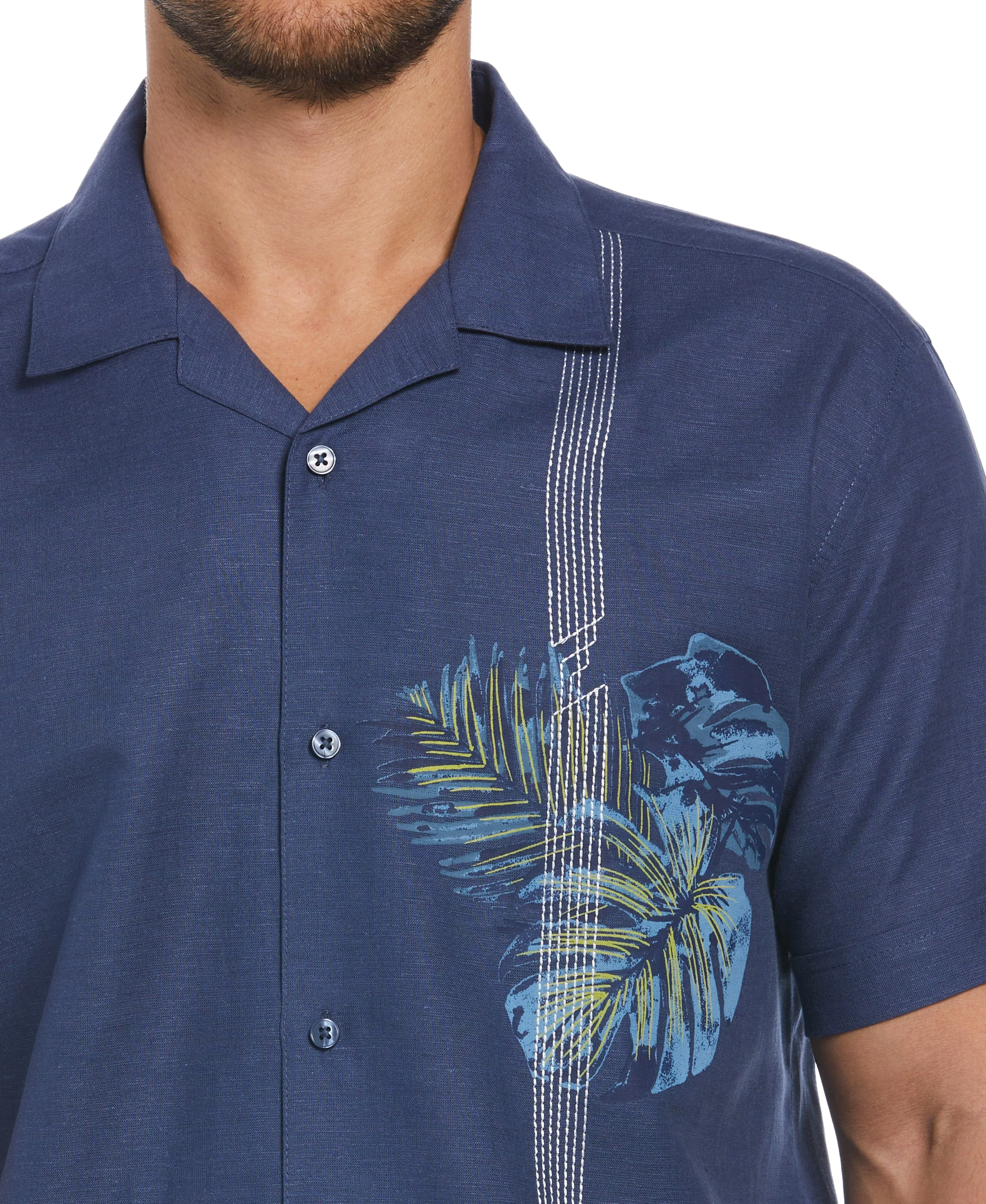 Big & Tall Linen Blend Asymmetrical Tropical Print Cuban Collar Shirt