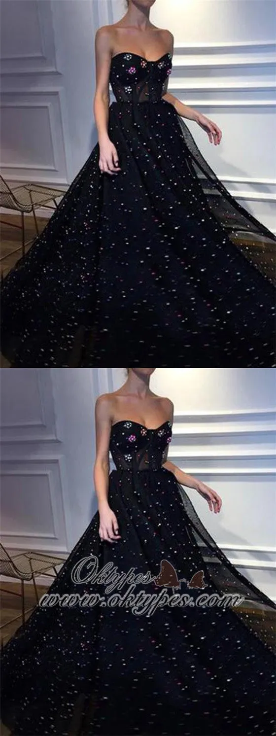 Black A-line Sweetheart Long Tulle Prom Dresses with Beaded, TYP1460