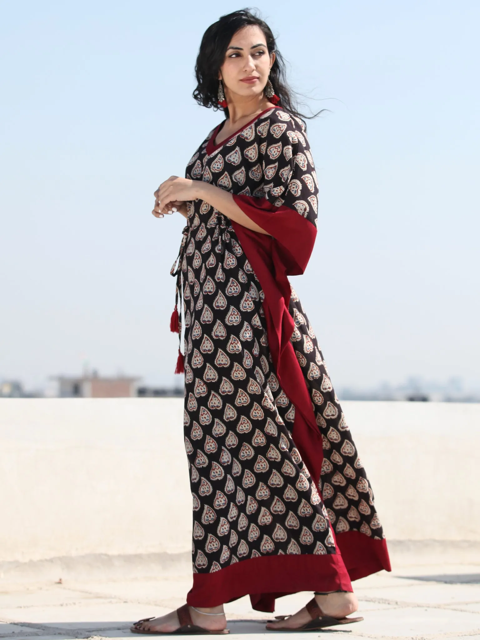 Black Maroon OffWhite Hand Block Printed Kaftan - K127F997
