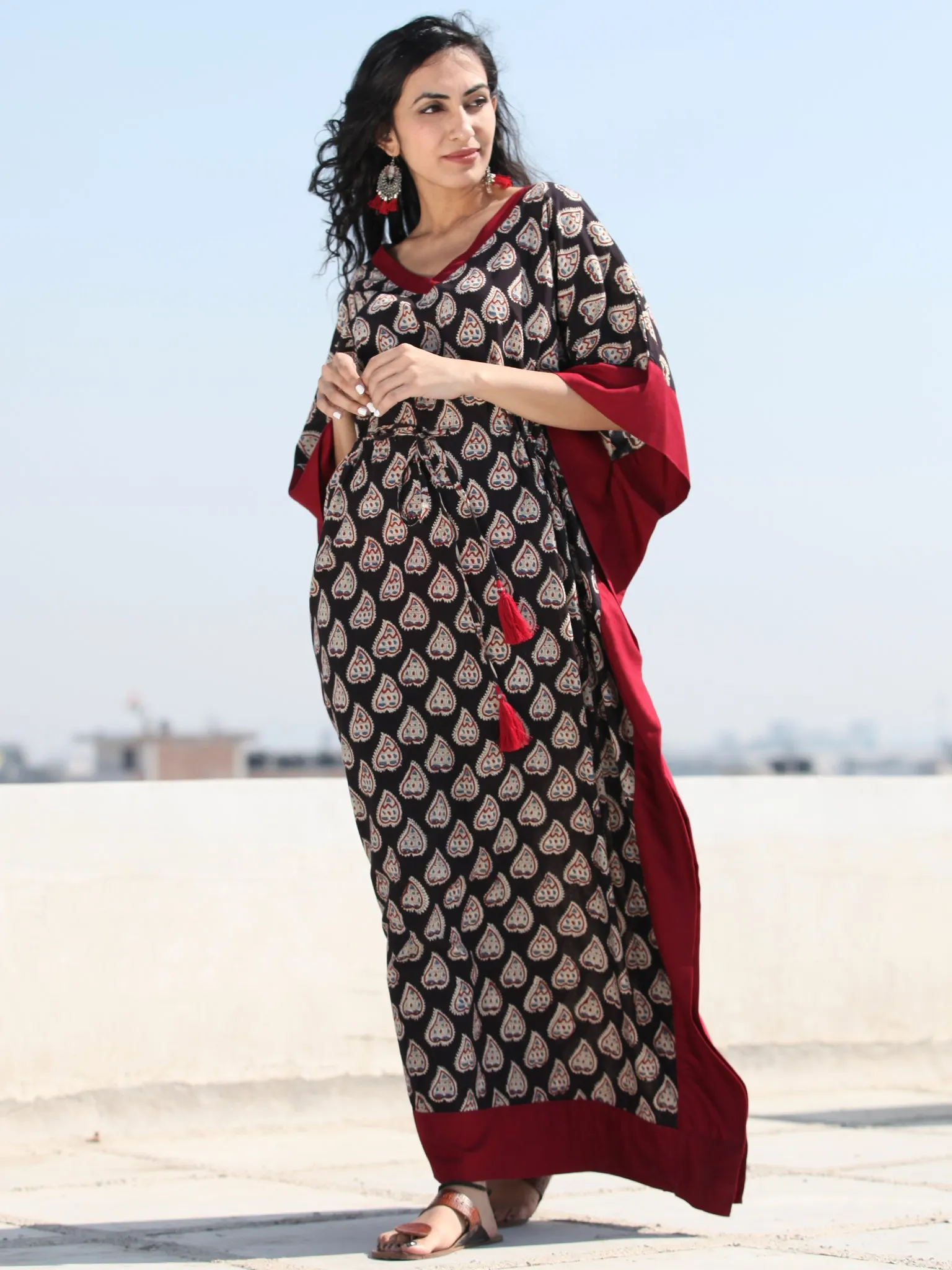 Black Maroon OffWhite Hand Block Printed Kaftan - K127F997