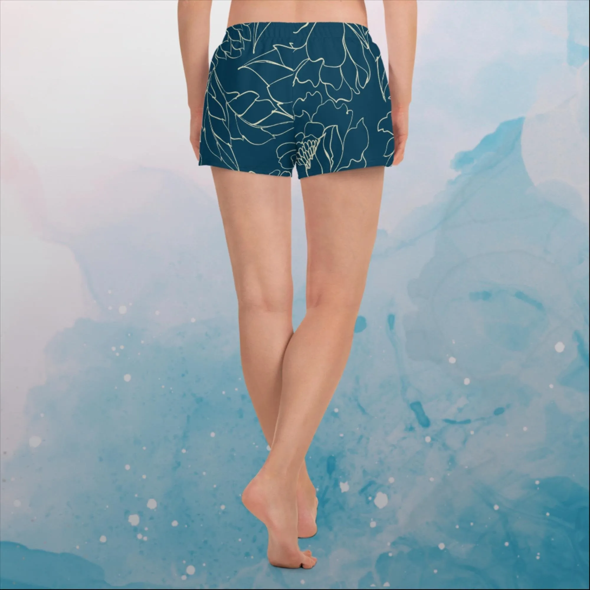 Blue and Cream Floral Stencil Lines Recycled Athletic Shorts