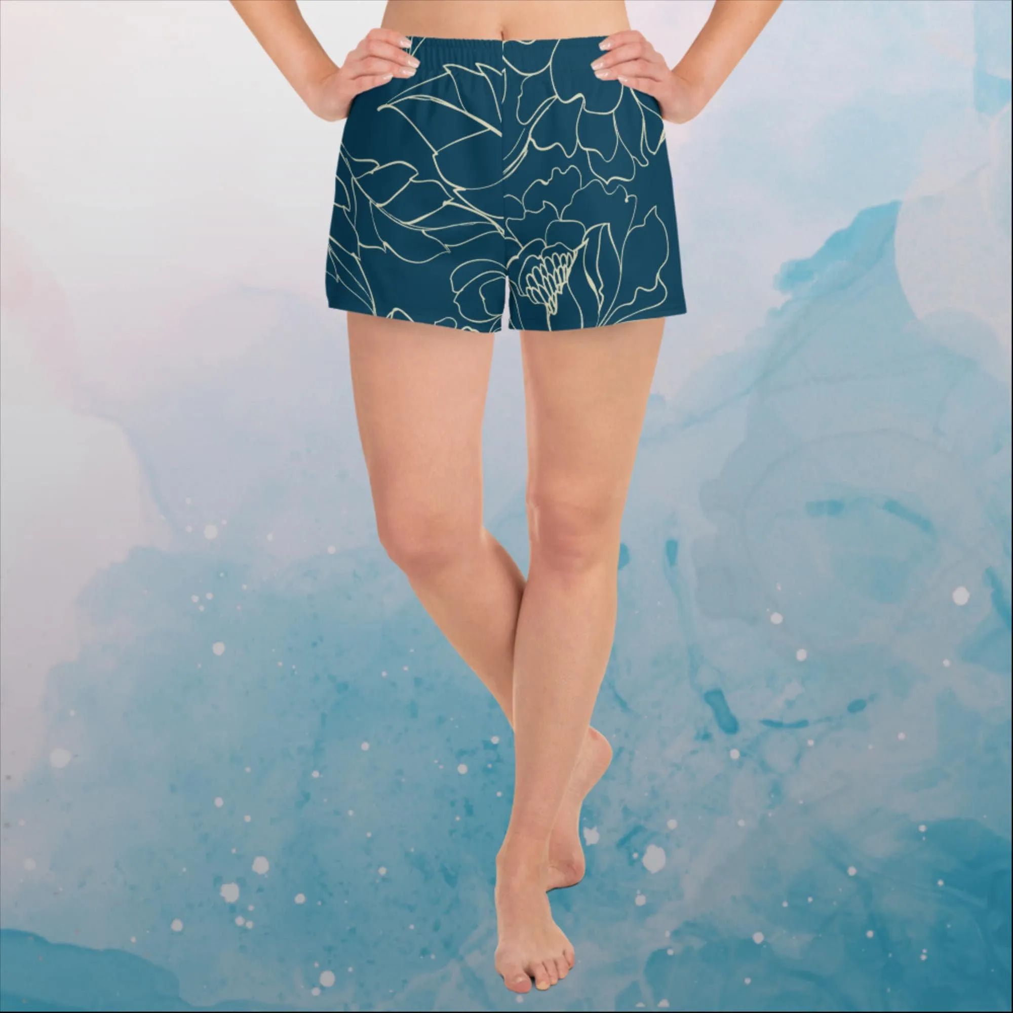 Blue and Cream Floral Stencil Lines Recycled Athletic Shorts