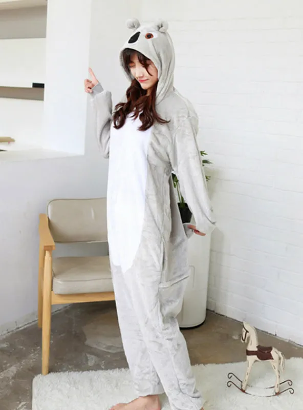 Cartoon Conjoined Pajamas Flannel Grey Koala Animals