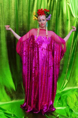 Cerise Holographic Sequin Mesh High neck Kaftan Gown