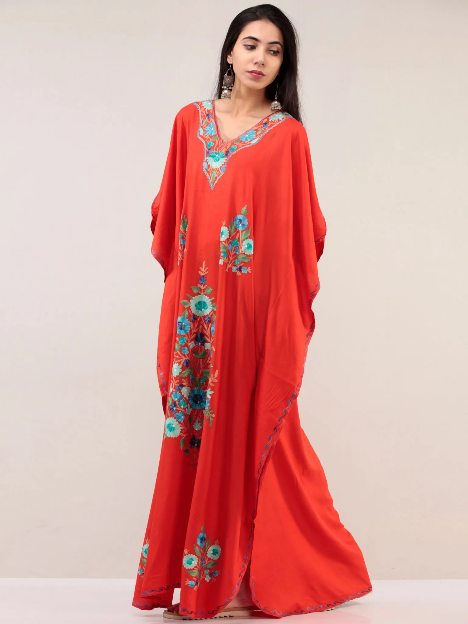 Coral Aari Embroidered Kashmere Free Size Kaftan  - K12K061