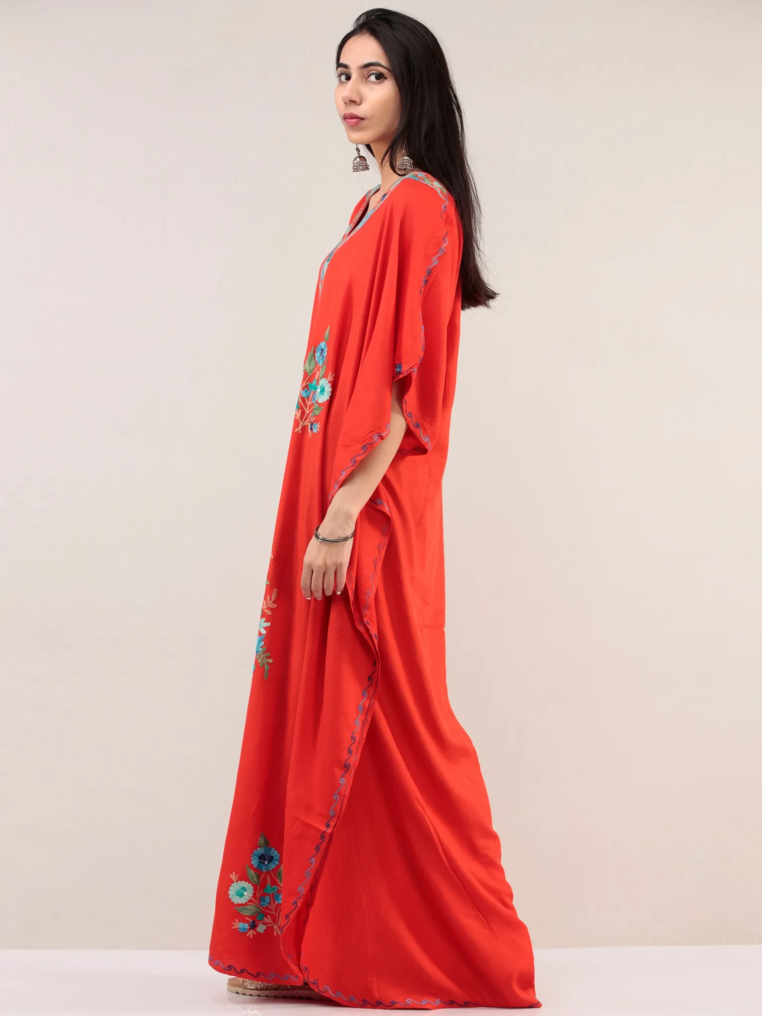 Coral Aari Embroidered Kashmere Free Size Kaftan  - K12K061