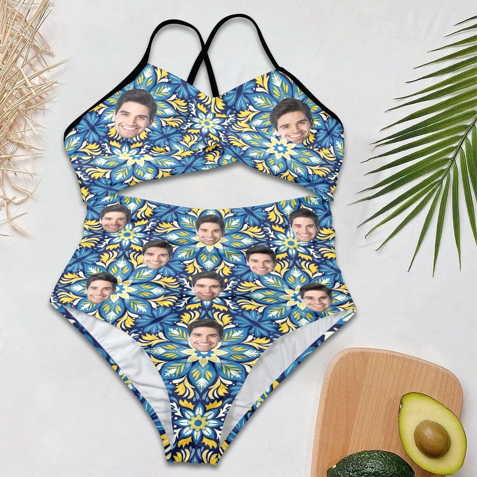 Custom Face Blue Flower Women's One Piece Swimsuit Twist Cutout Front Crisscross Lace Up Back Face Bathing Suit