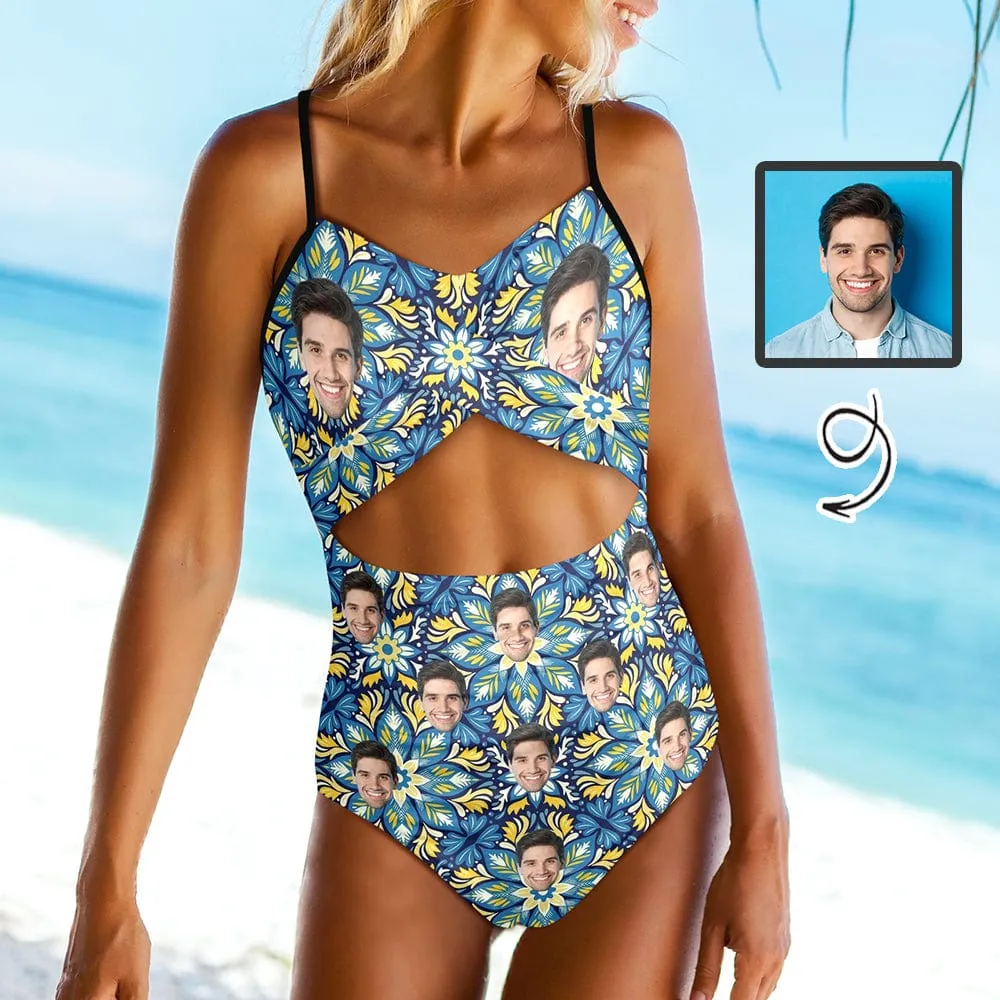 Custom Face Blue Flower Women's One Piece Swimsuit Twist Cutout Front Crisscross Lace Up Back Face Bathing Suit