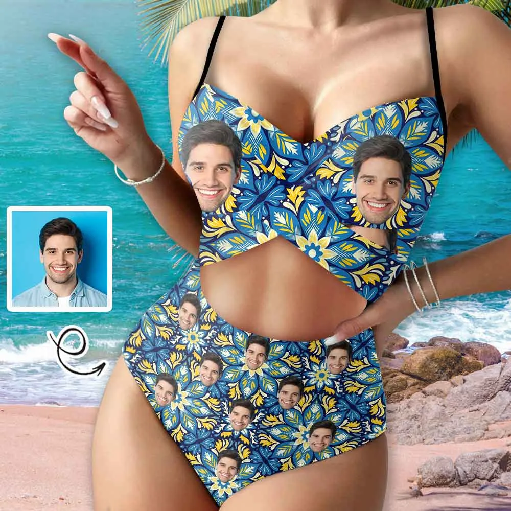 Custom Face Blue Flower Women's One Piece Swimsuit Twist Cutout Front Crisscross Lace Up Back Face Bathing Suit