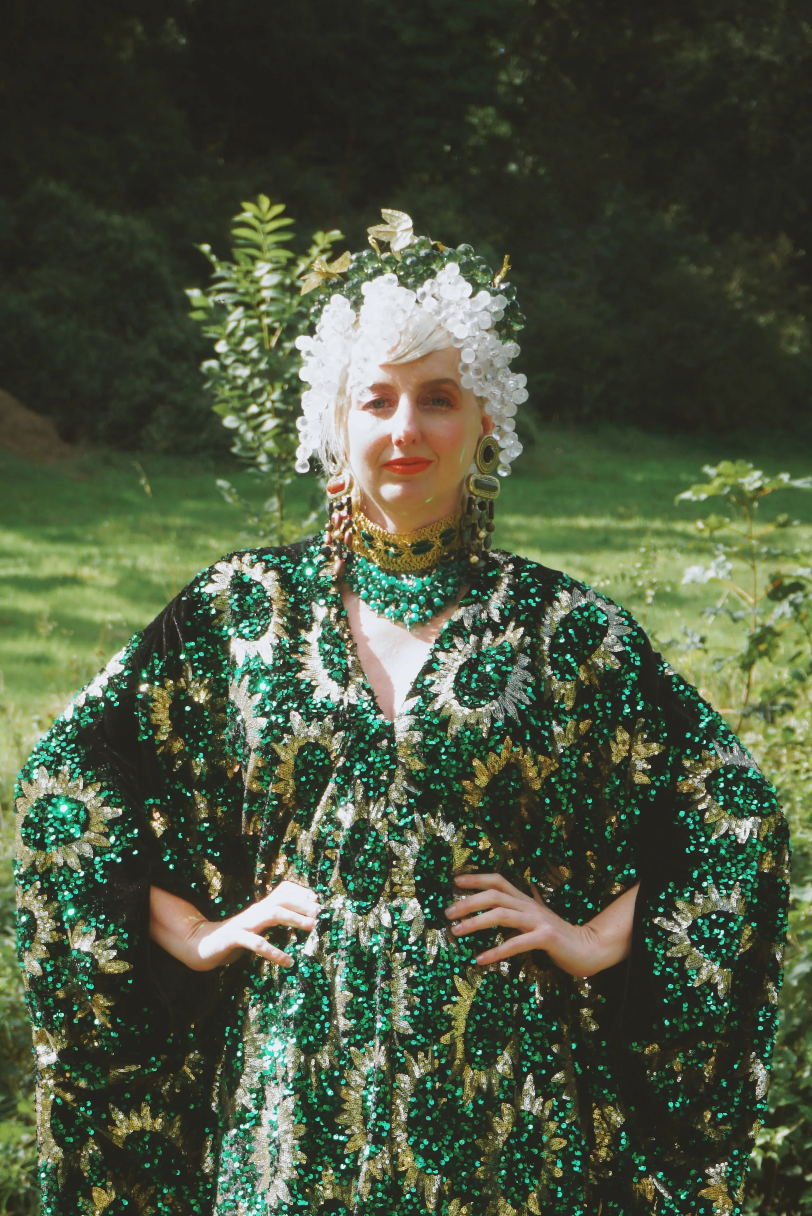 Deluxe Sequin Velvet Green Sequin Gold Sunburst Velvet kaftan Gown