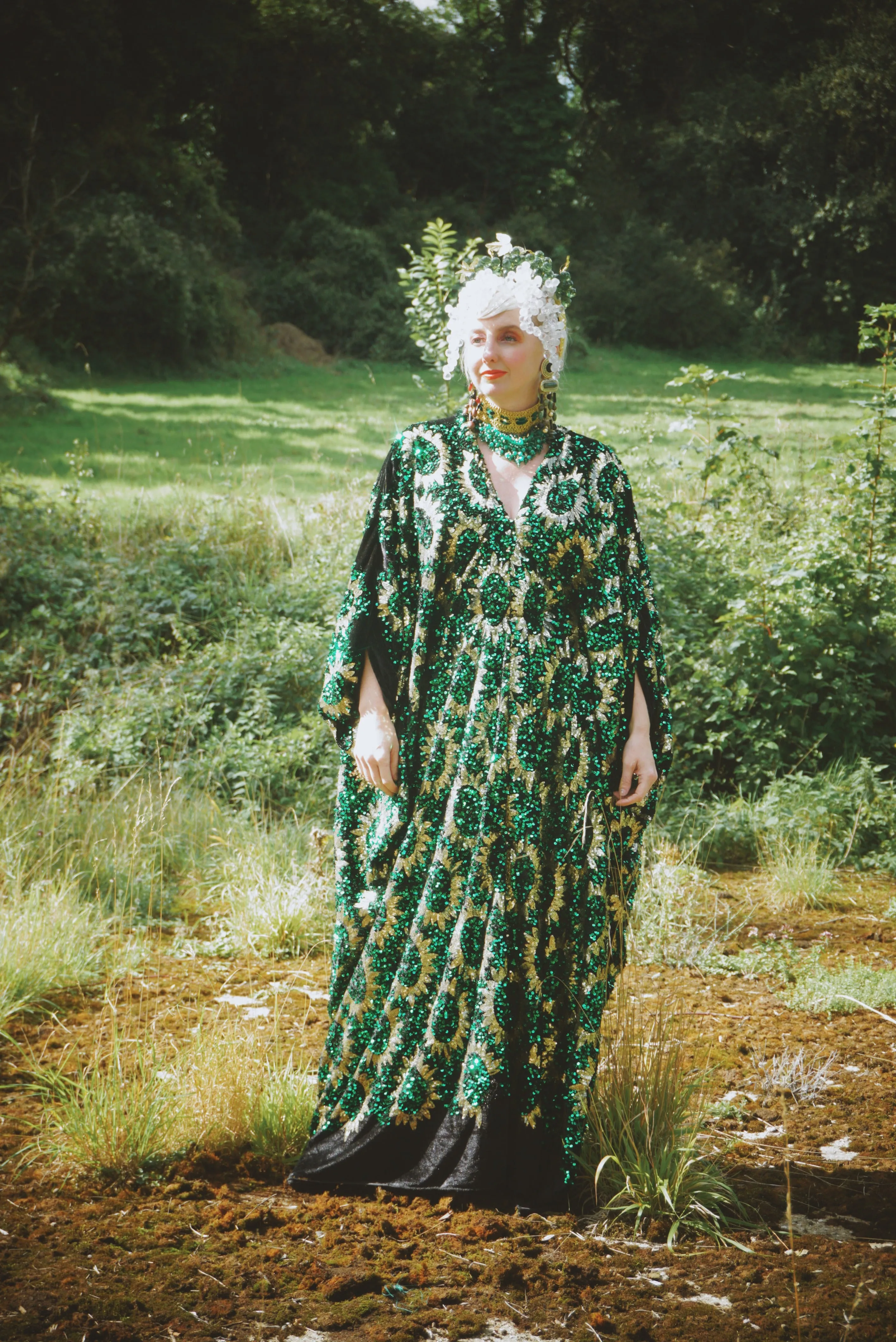 Deluxe Sequin Velvet Green Sequin Gold Sunburst Velvet kaftan Gown