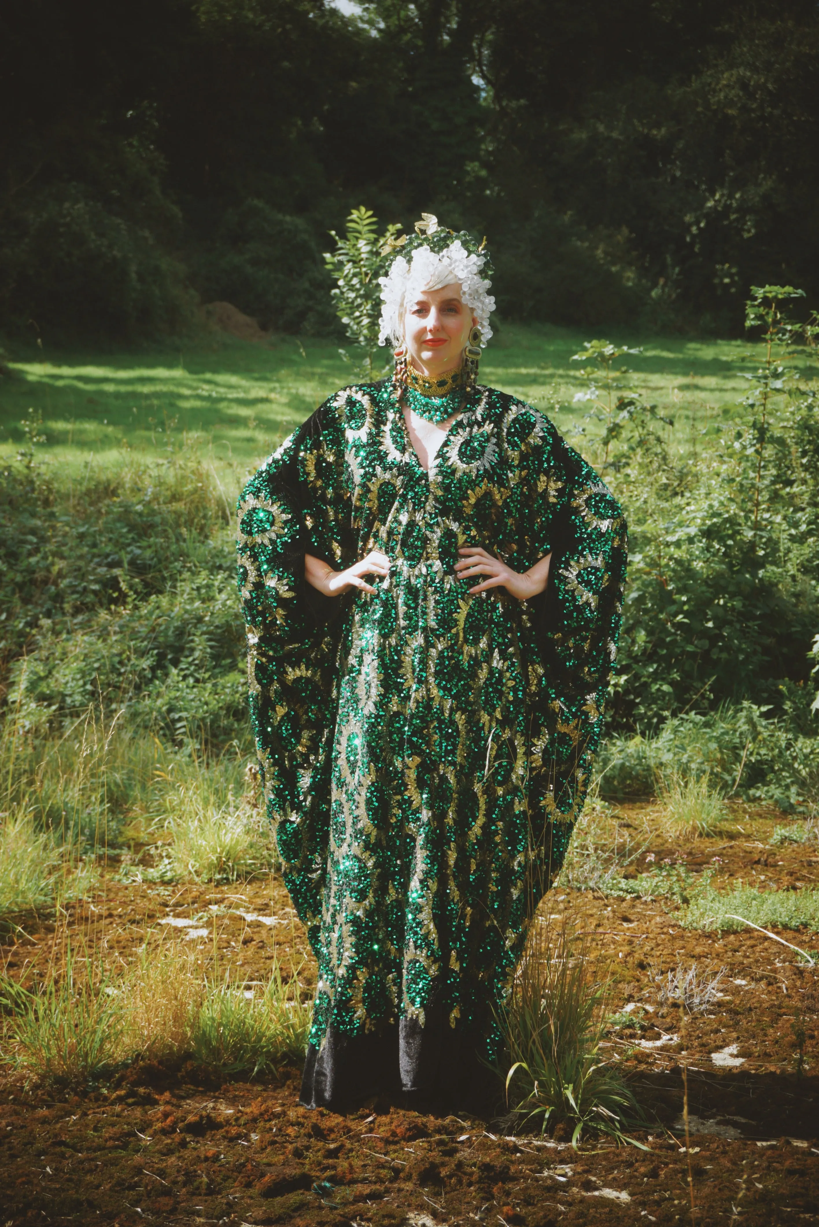 Deluxe Sequin Velvet Green Sequin Gold Sunburst Velvet kaftan Gown