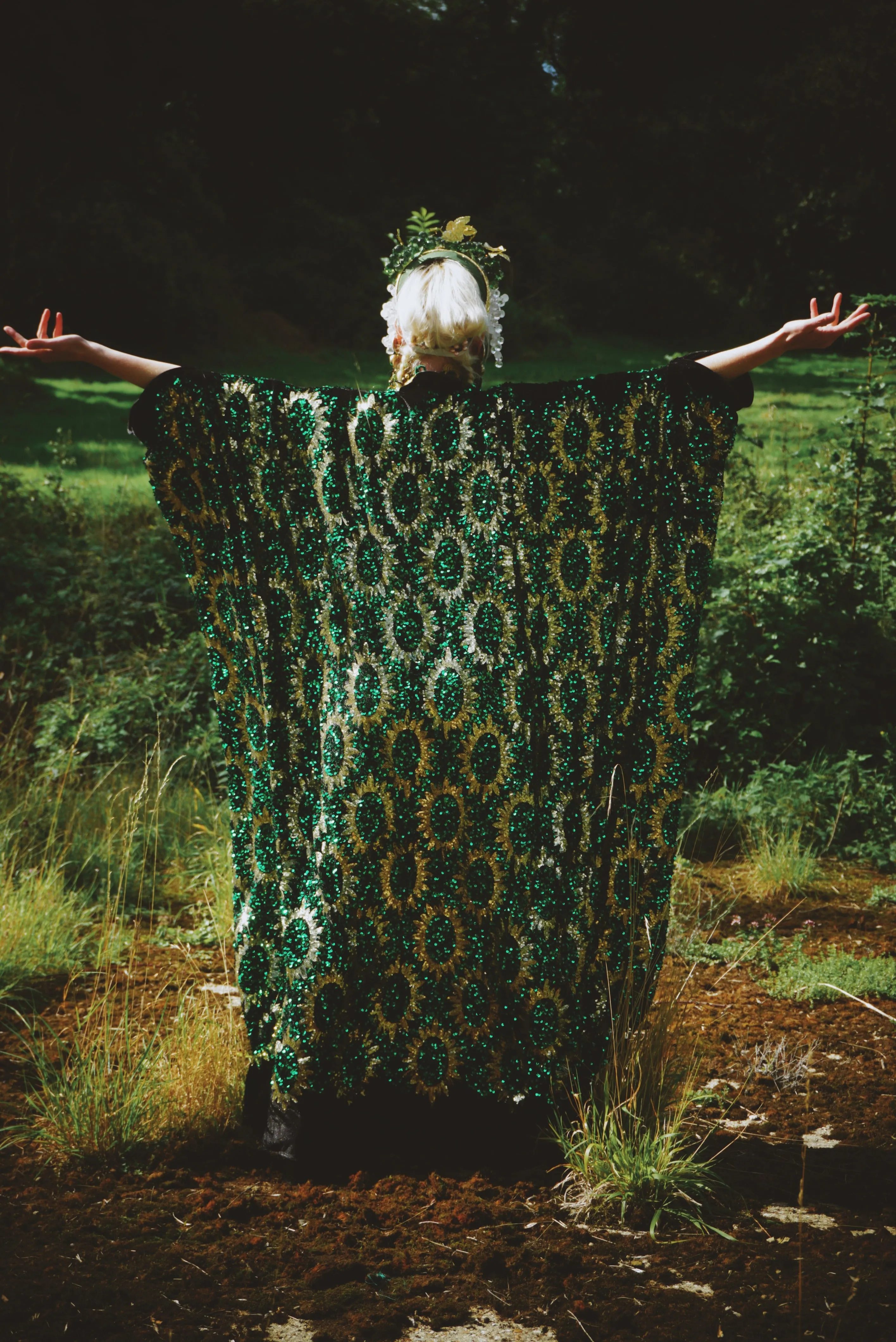Deluxe Sequin Velvet Green Sequin Gold Sunburst Velvet kaftan Gown