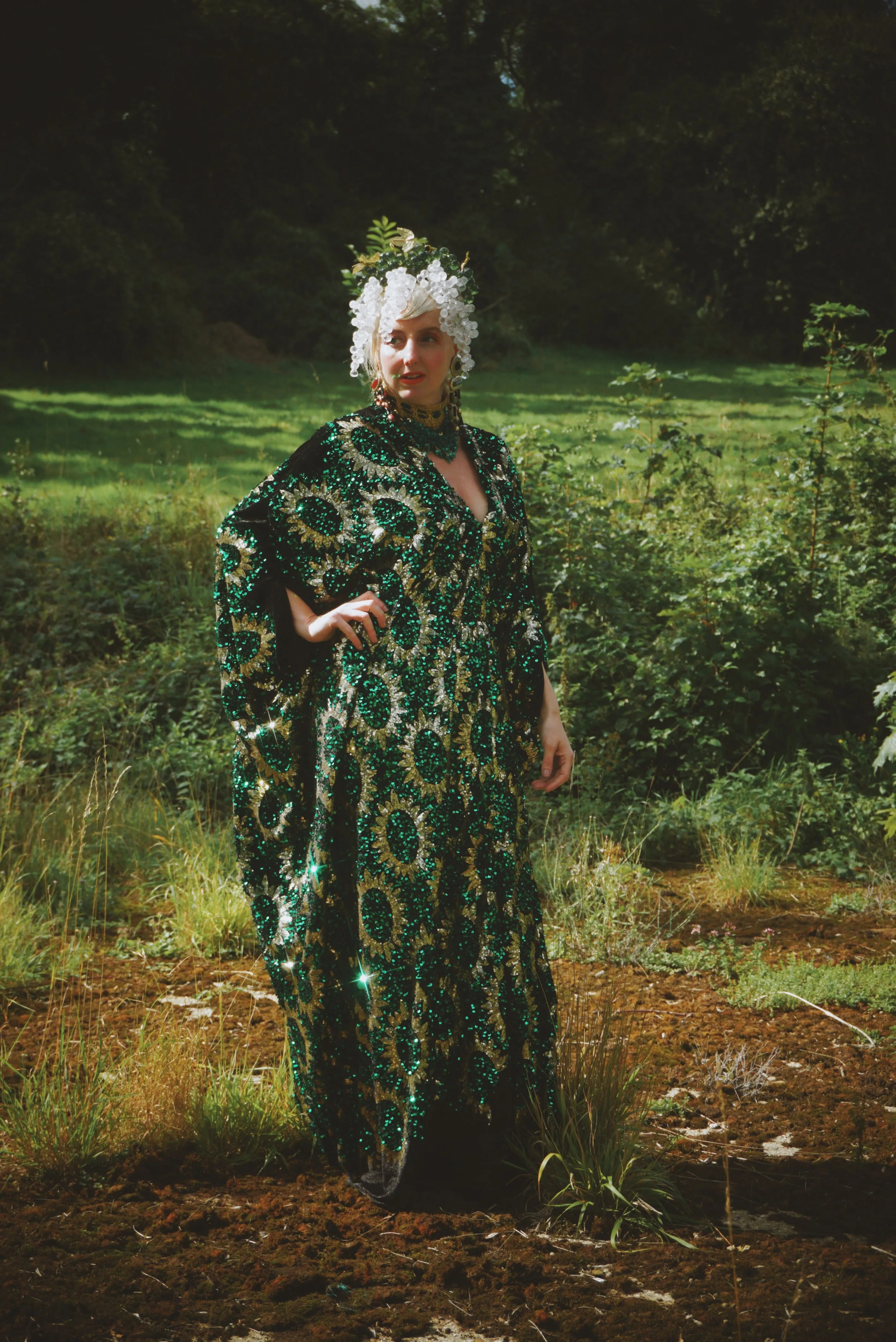 Deluxe Sequin Velvet Green Sequin Gold Sunburst Velvet kaftan Gown