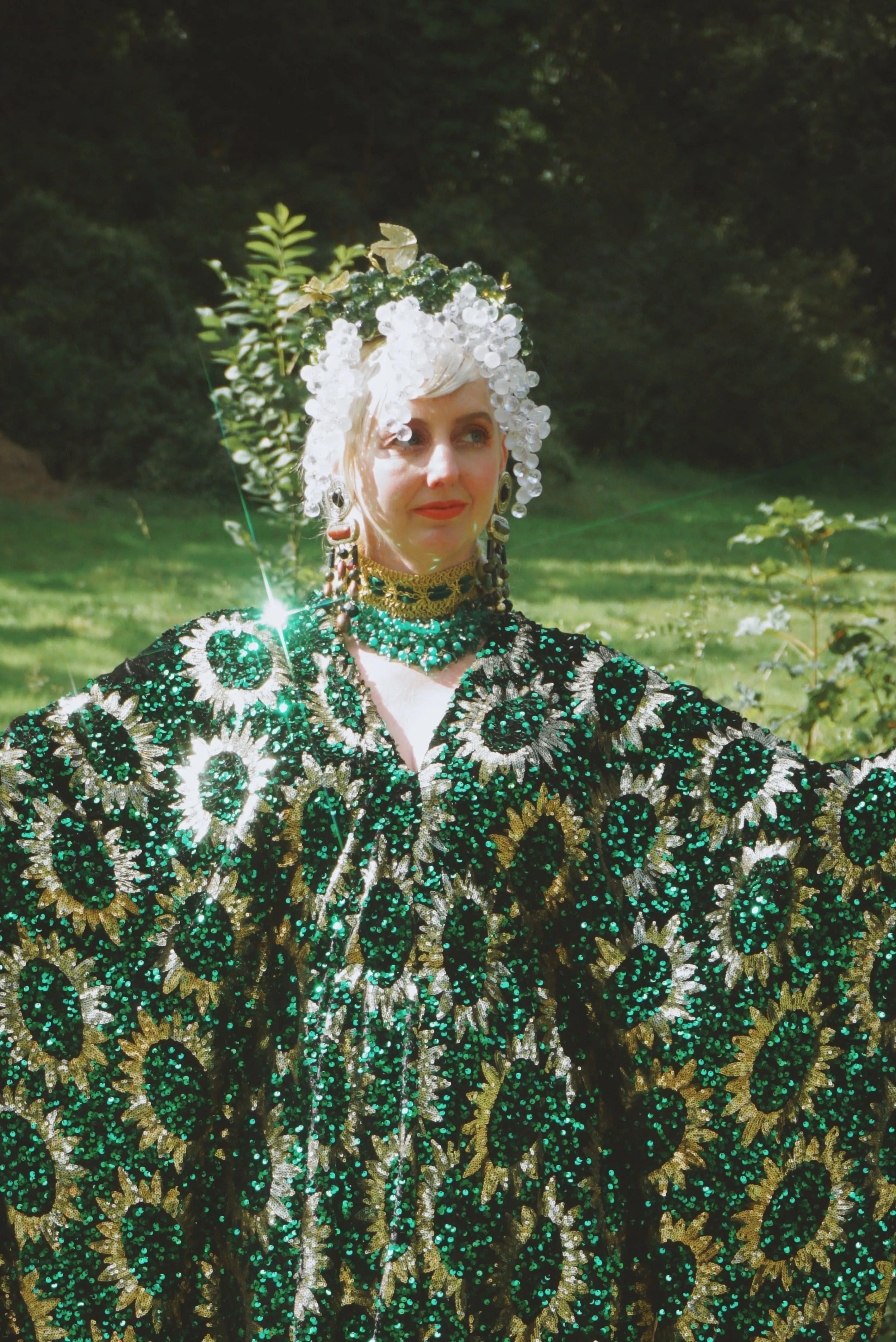 Deluxe Sequin Velvet Green Sequin Gold Sunburst Velvet kaftan Gown