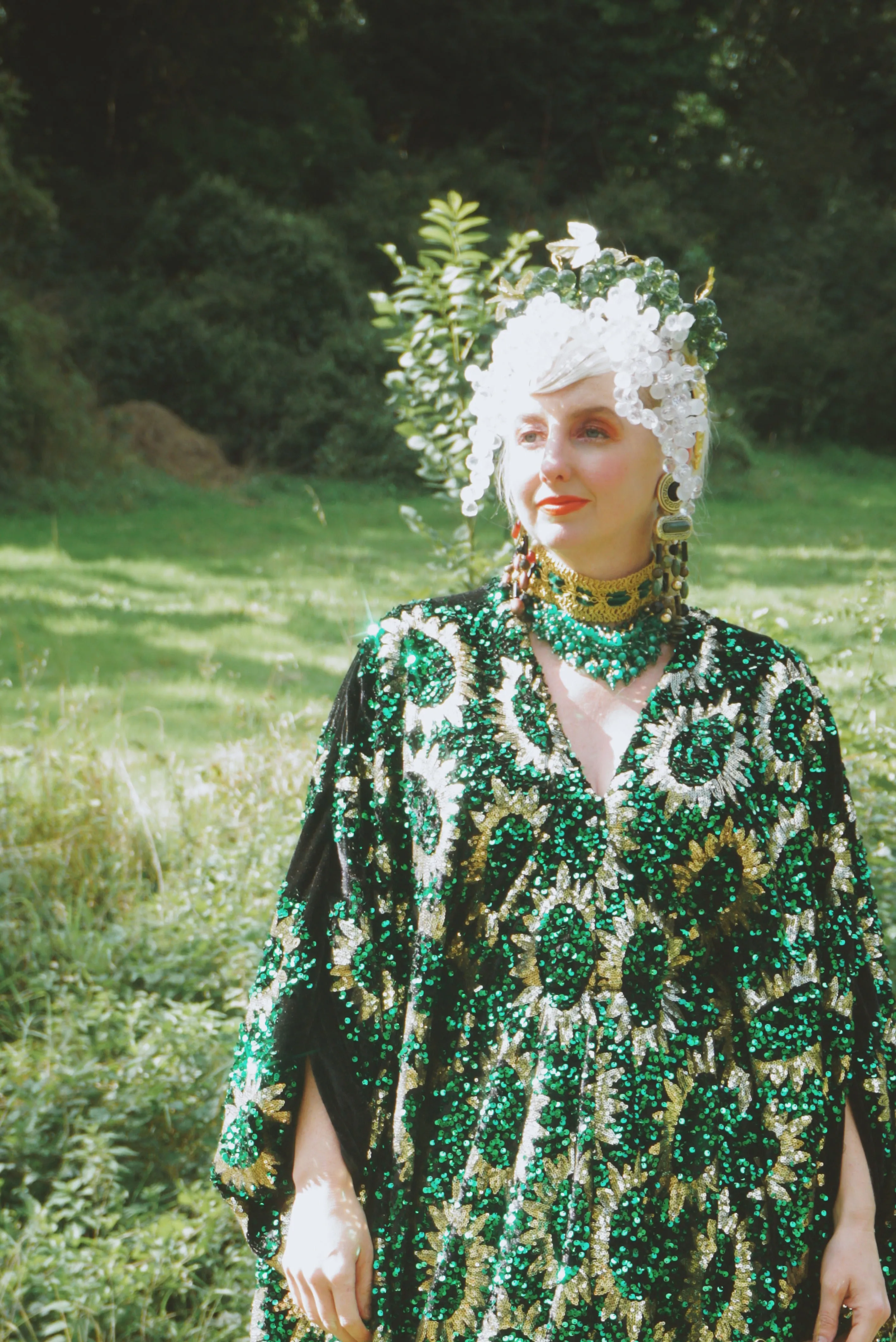 Deluxe Sequin Velvet Green Sequin Gold Sunburst Velvet kaftan Gown