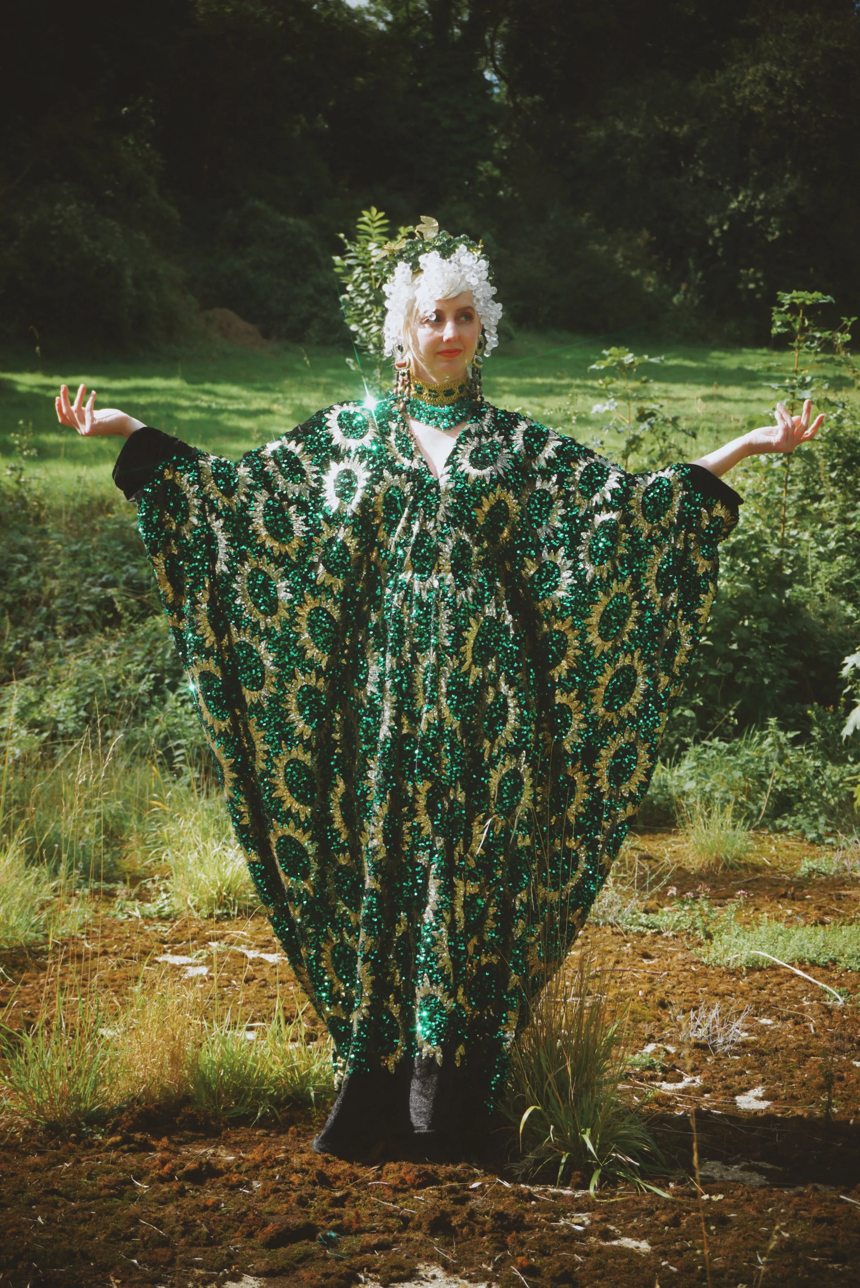 Deluxe Sequin Velvet Green Sequin Gold Sunburst Velvet kaftan Gown