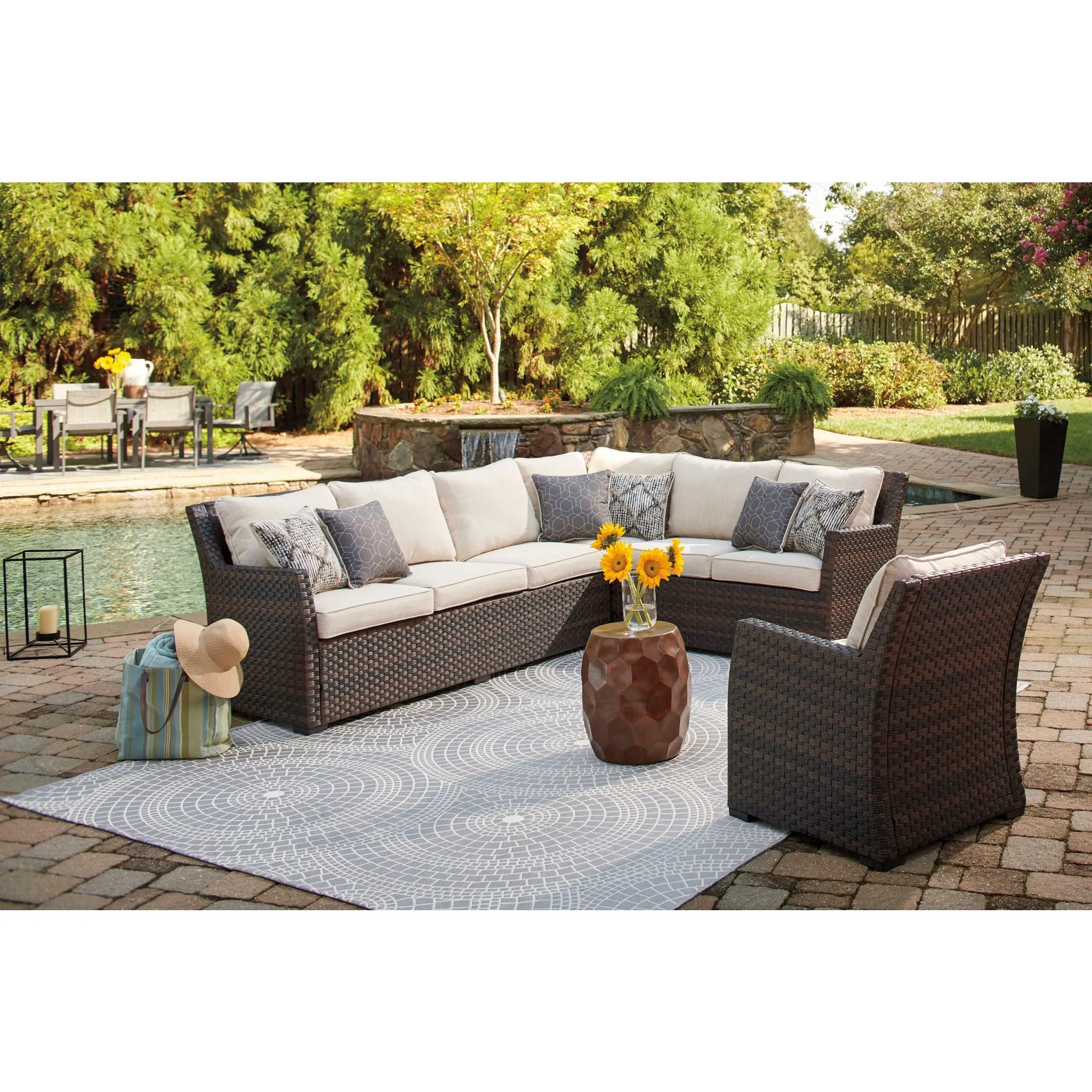 Easy Isle 2 Piece Outdoor Sectional with Chair - Dark Brown/Beige