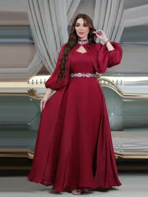 Elegant Moroccan Style Dress for Women - Party Kaftan with Belt and Flared Sleeves