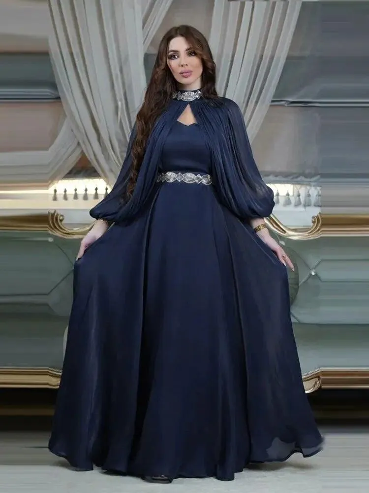Elegant Moroccan Style Dress for Women - Party Kaftan with Belt and Flared Sleeves