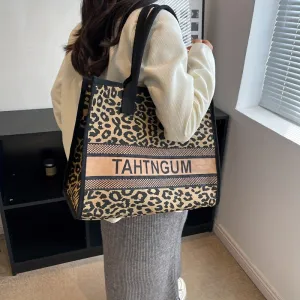 Fashion Leopard Print Tote Bag, Large Capacity Canvas Shoulder Bag, Women's Trendy Handbag & Purse For Commute