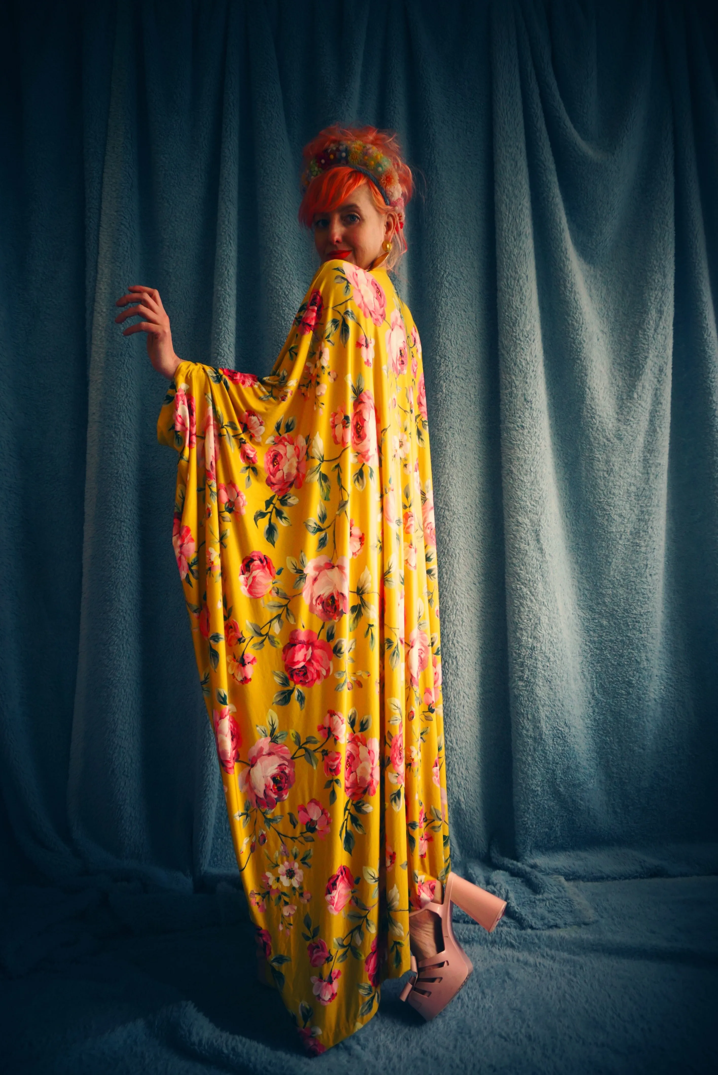 Floral Pink and Mustard Gold Print Slinky Kaftan