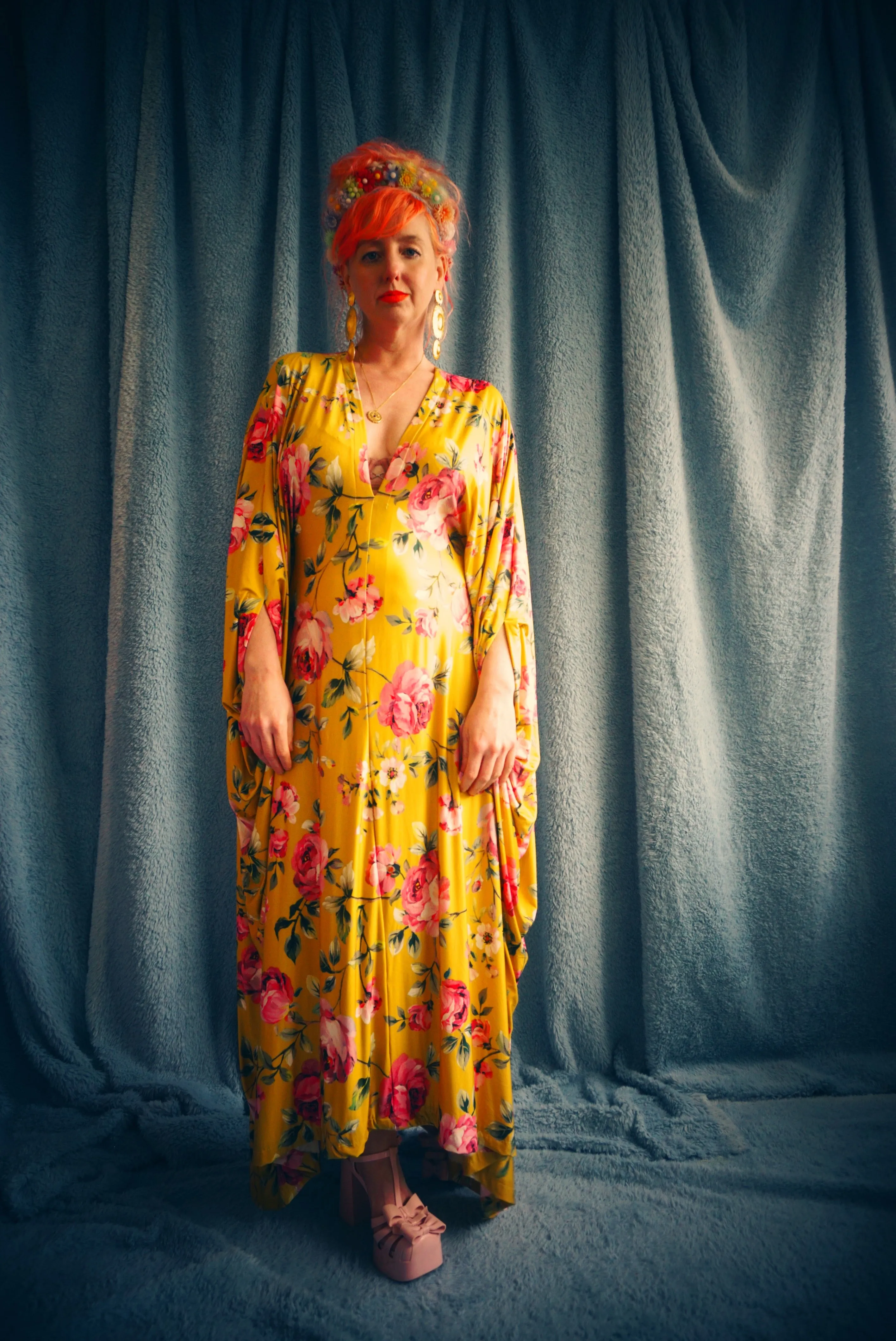 Floral Pink and Mustard Gold Print Slinky Kaftan