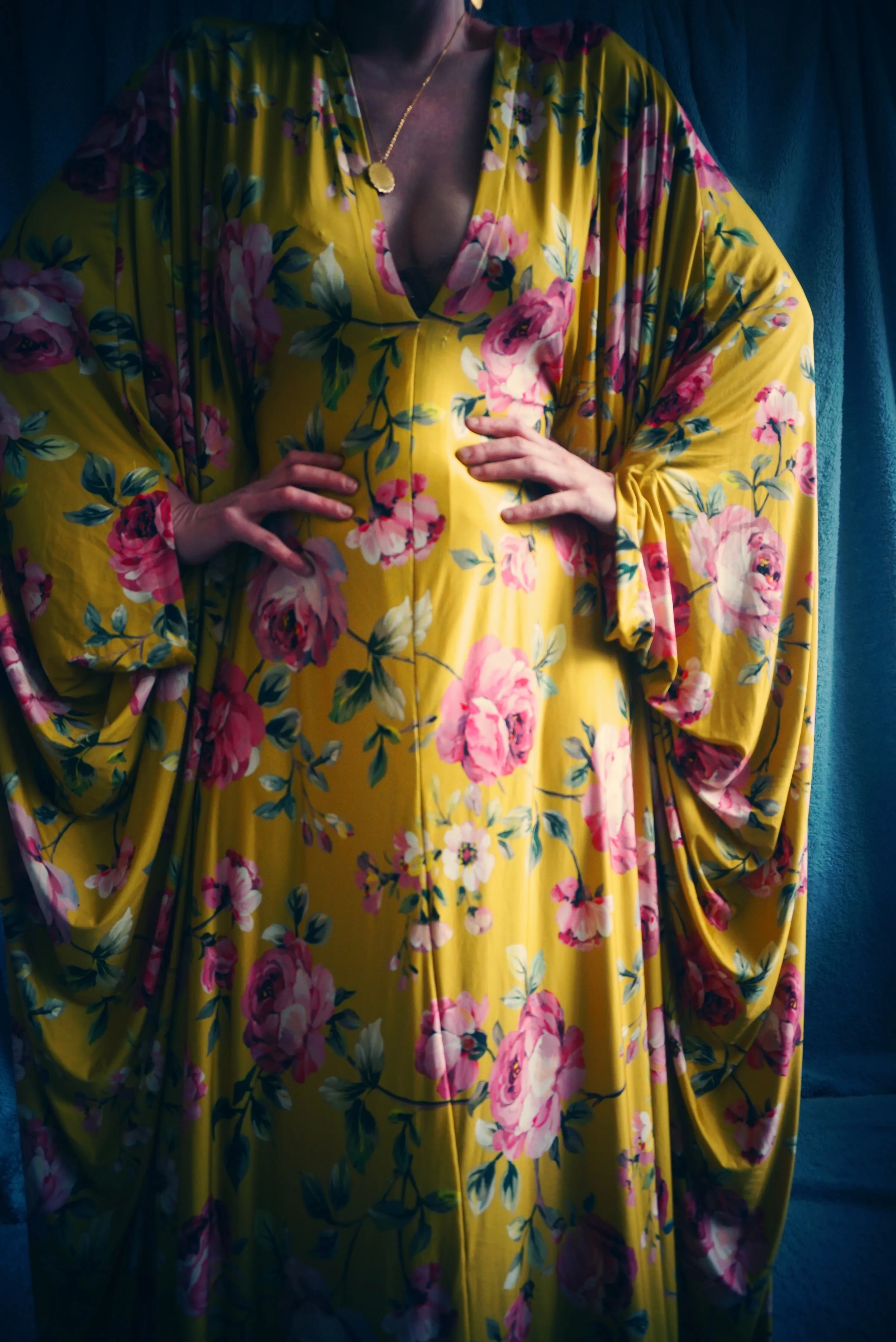 Floral Pink and Mustard Gold Print Slinky Kaftan