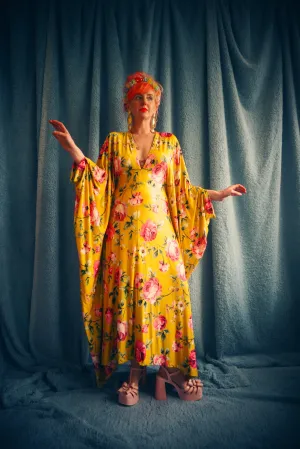 Floral Pink and Mustard Gold Print Slinky Kaftan