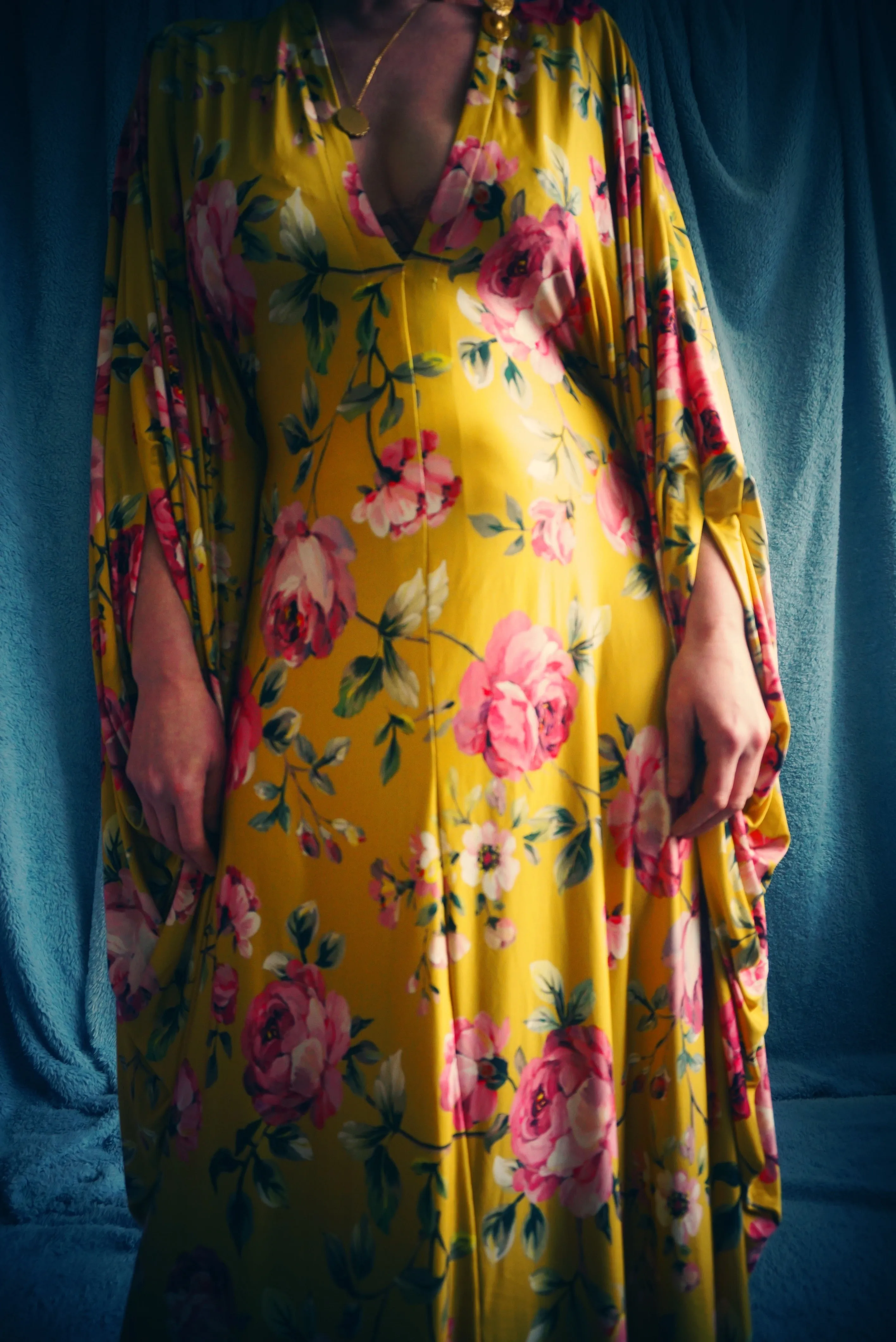 Floral Pink and Mustard Gold Print Slinky Kaftan