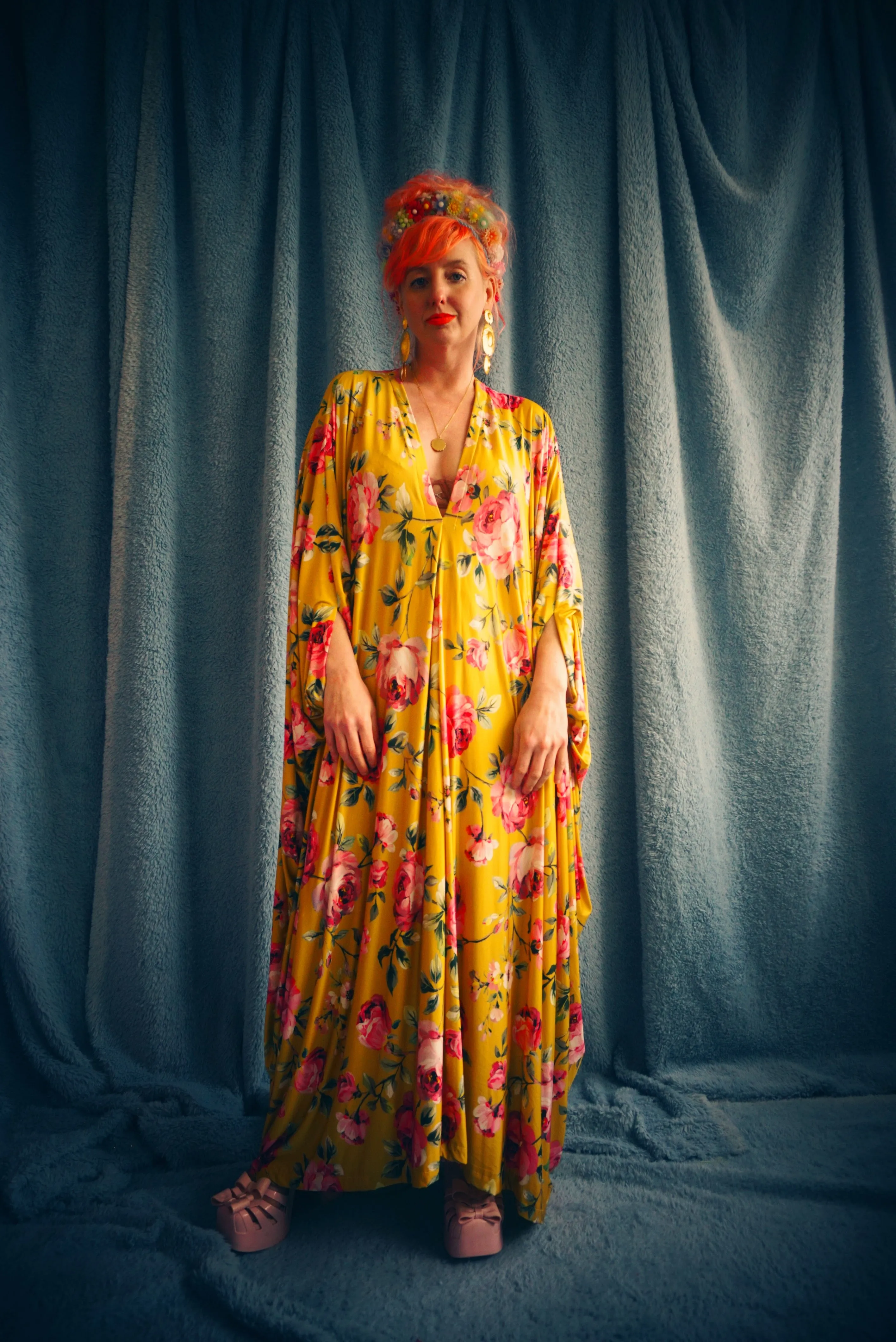 Floral Pink and Mustard Gold Print Slinky Kaftan