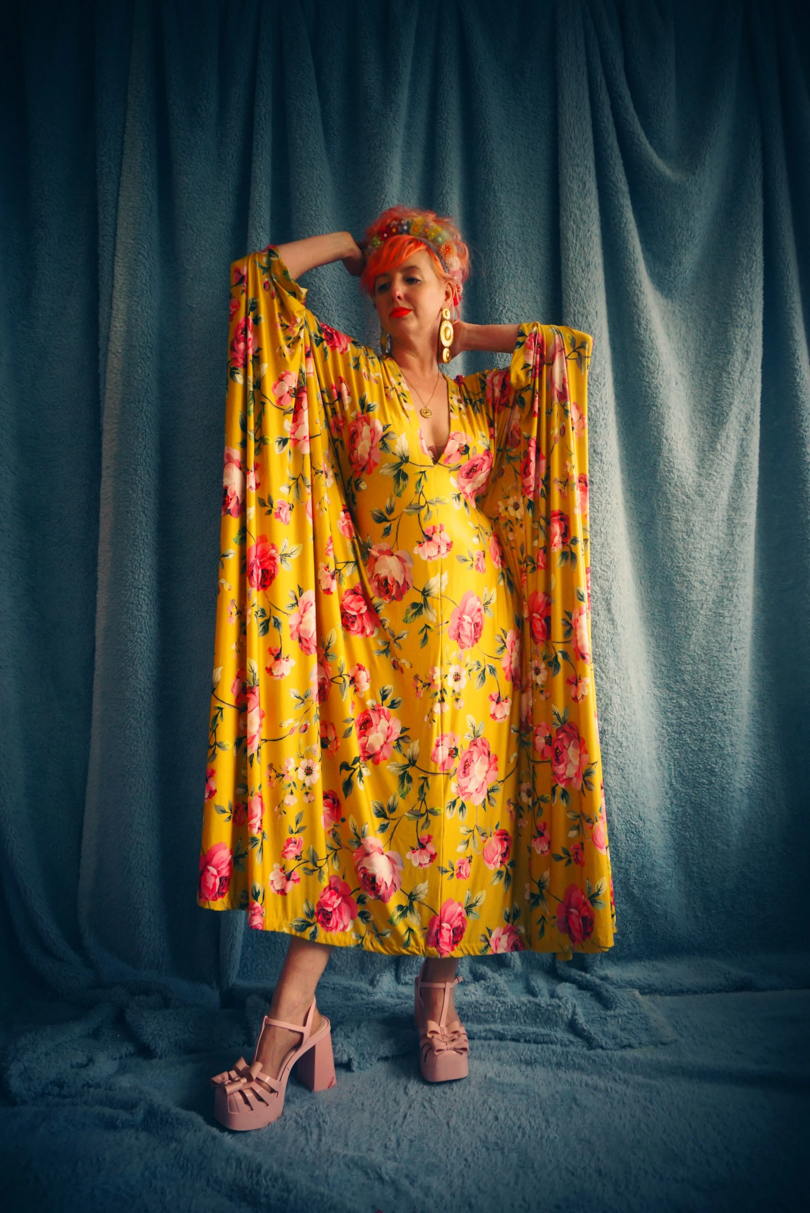 Floral Pink and Mustard Gold Print Slinky Kaftan