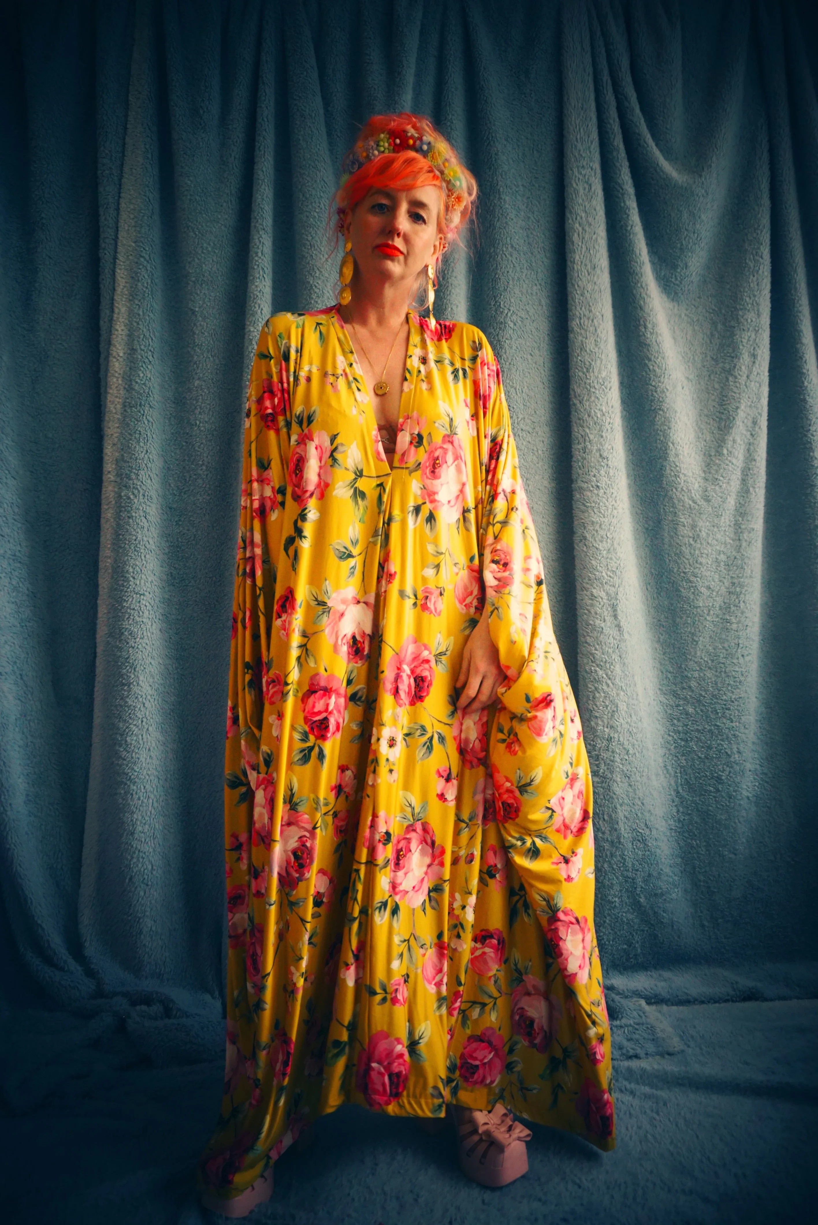 Floral Pink and Mustard Gold Print Slinky Kaftan