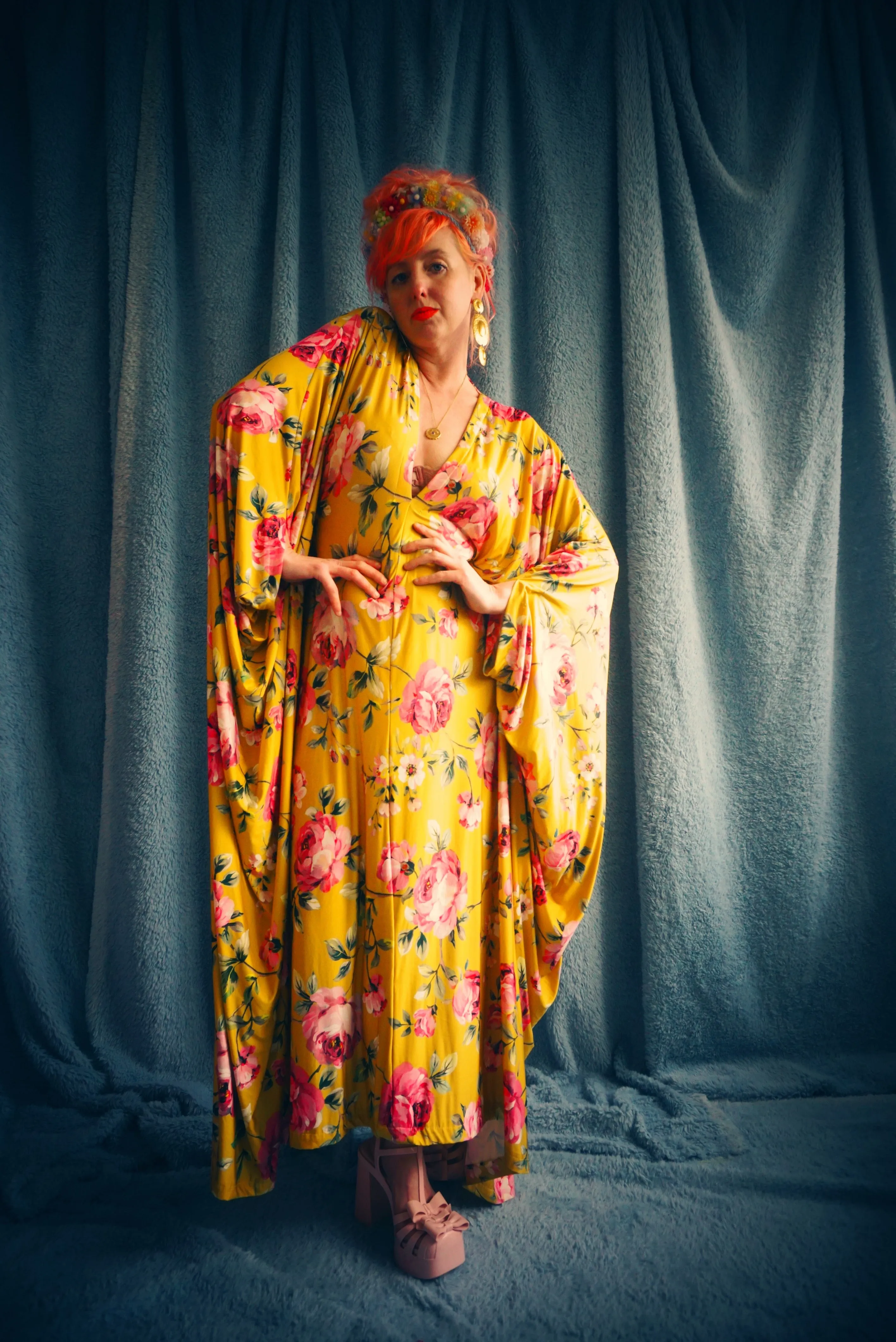 Floral Pink and Mustard Gold Print Slinky Kaftan