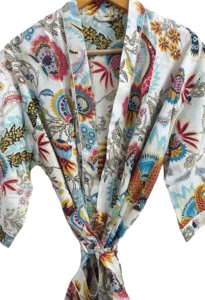 Floral White Mukut Print - Kimono Robe