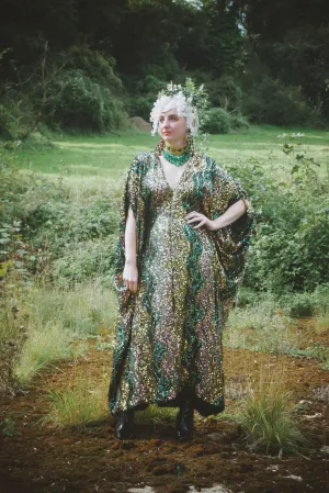 Fuzzy Eyelash Sequin Greens, golds Iridescent wave pattern kaftan Gown