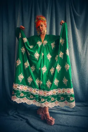 Green Gypsy Folk Cotton Lace Trimmed Kaftan