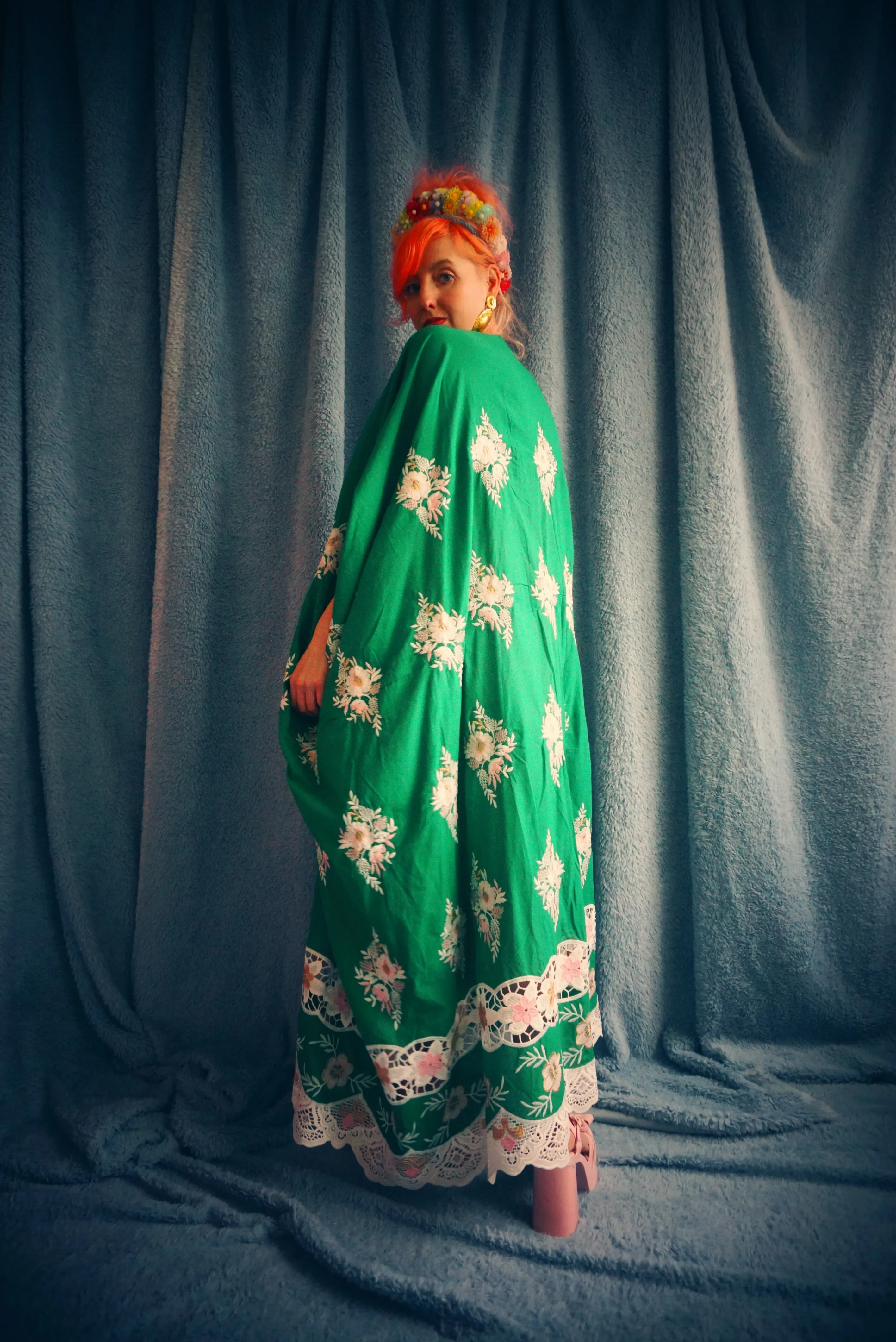 Green Gypsy Folk Cotton Lace Trimmed Kaftan