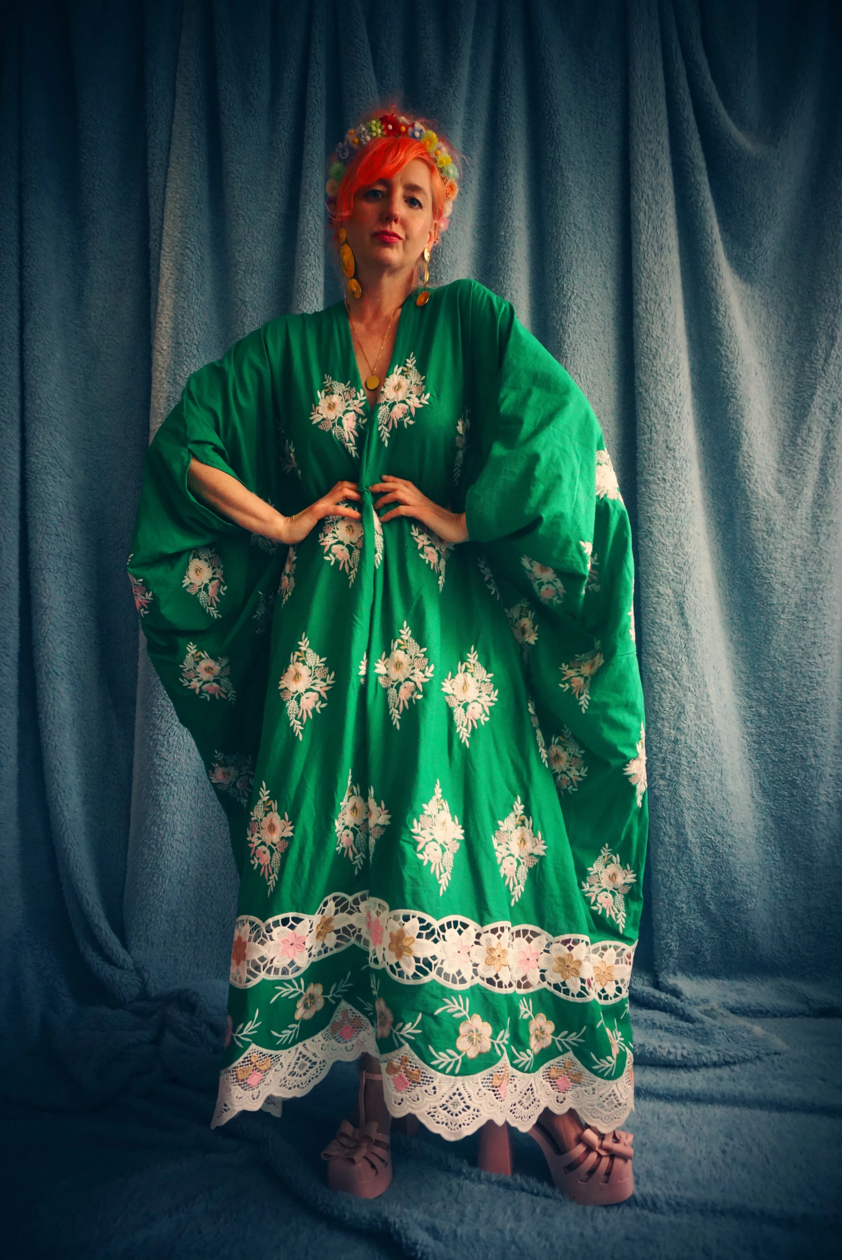 Green Gypsy Folk Cotton Lace Trimmed Kaftan