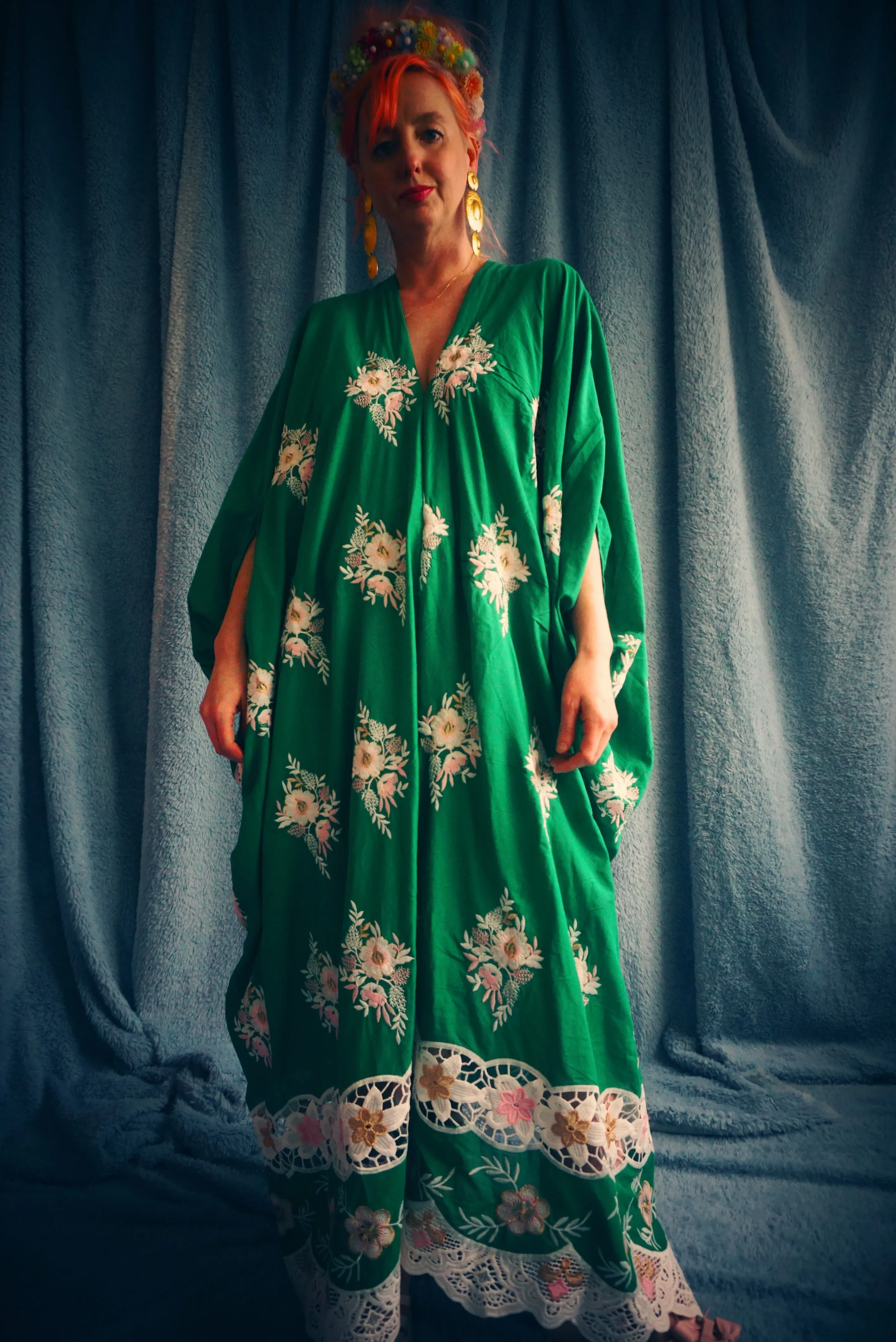 Green Gypsy Folk Cotton Lace Trimmed Kaftan