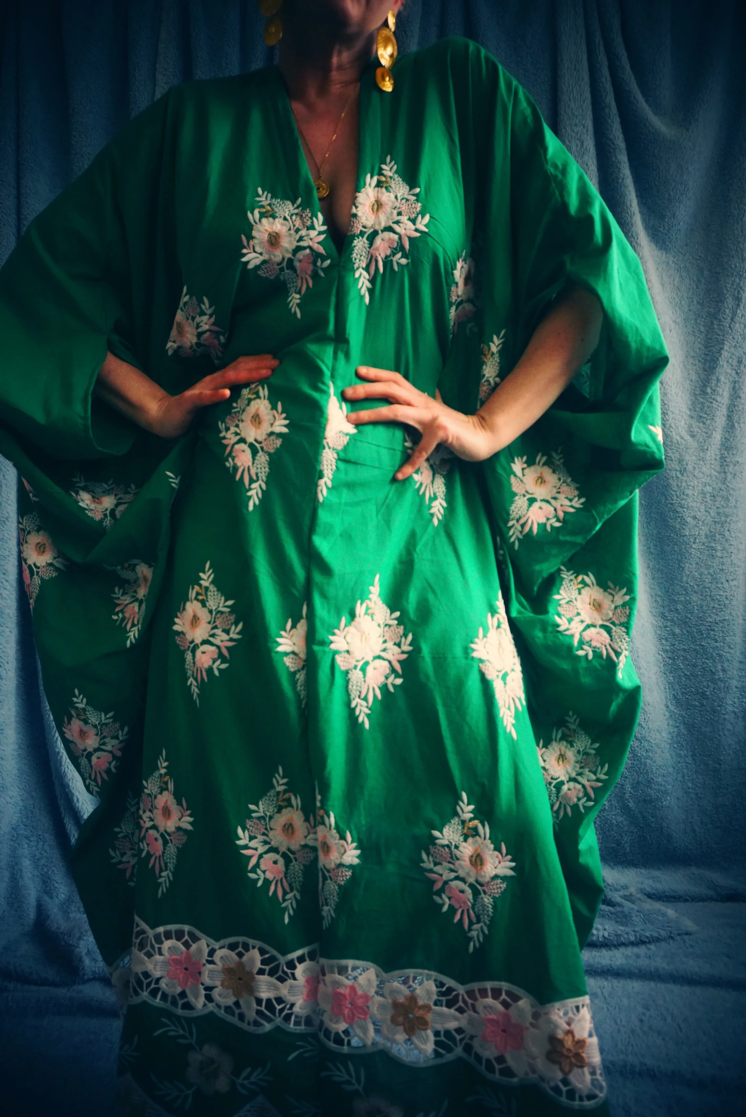 Green Gypsy Folk Cotton Lace Trimmed Kaftan