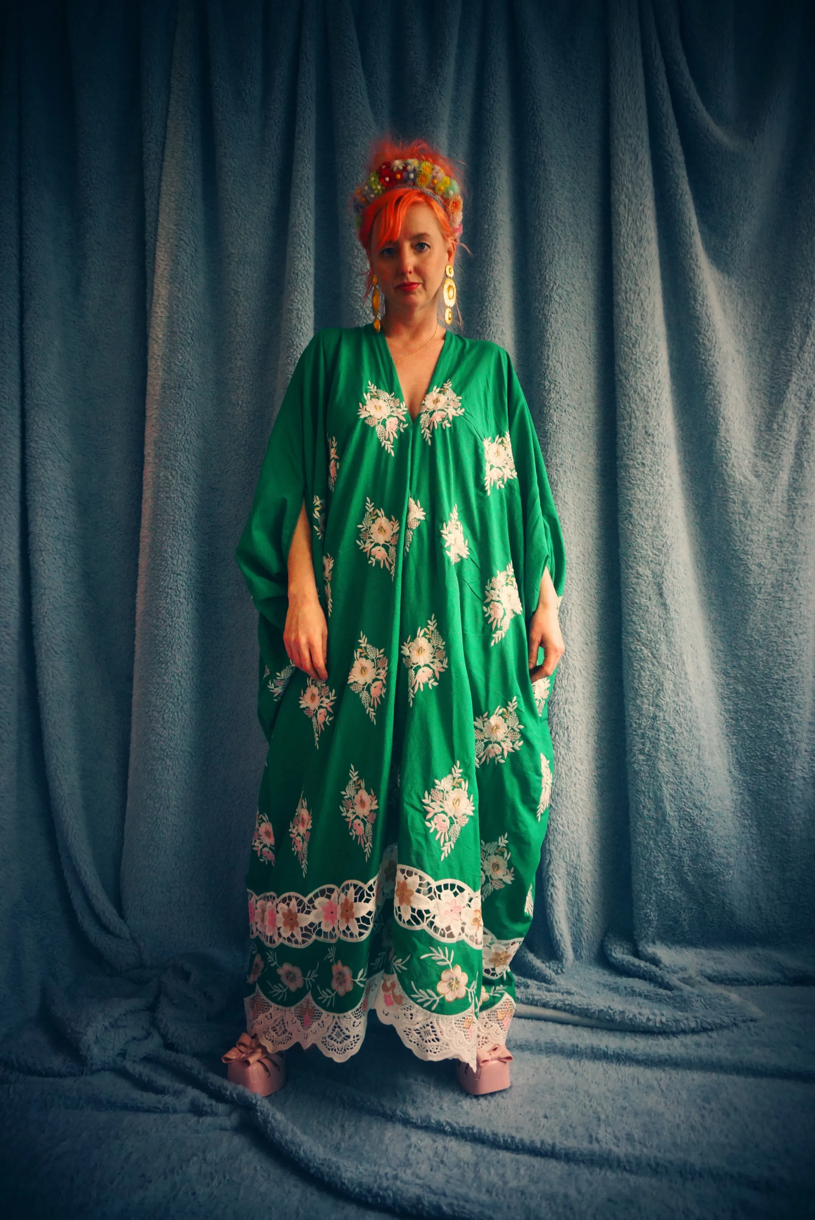 Green Gypsy Folk Cotton Lace Trimmed Kaftan